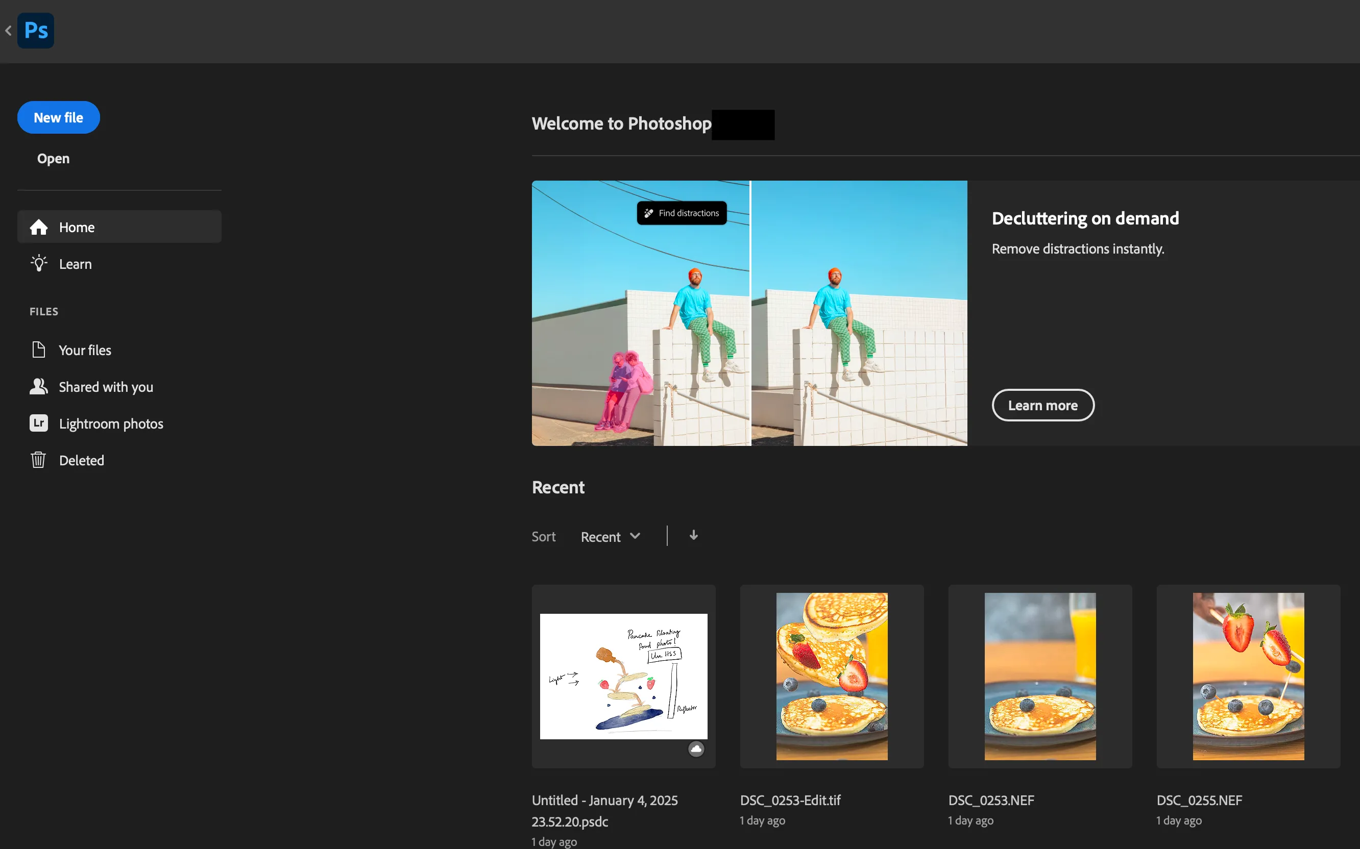 Màn hình khởi động Adobe Photoshop hiển thị các tùy chọn dự án gần đây
