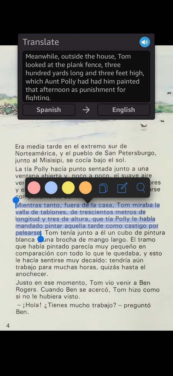Màn hình Kindle hiển thị sách tiếng Tây Ban Nha với công cụ dịch và từ điển đang mở, minh họa cách tra cứu từ vựng khi học ngôn ngữ.