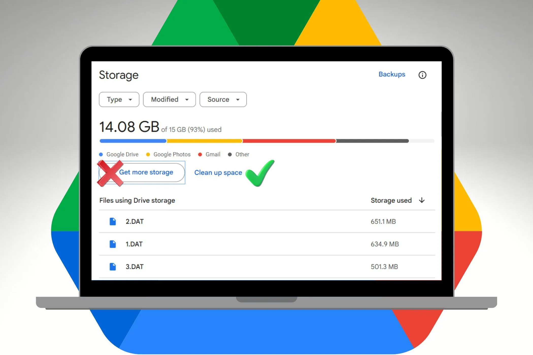 Màn hình laptop hiển thị dung lượng lưu trữ với biểu tượng Google Drive, tượng trưng cho sao lưu đám mây miễn phí