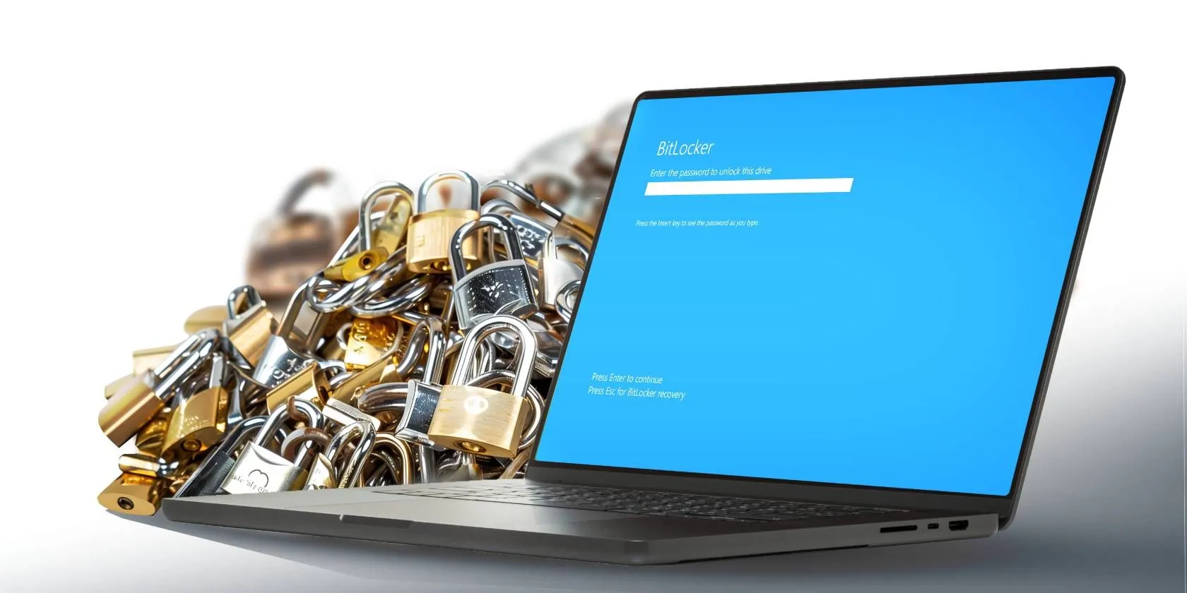 Màn hình laptop hiển thị ô nhập mật khẩu BitLocker, tượng trưng cho bảo mật dữ liệu và mã hóa ổ cứng trên Windows.