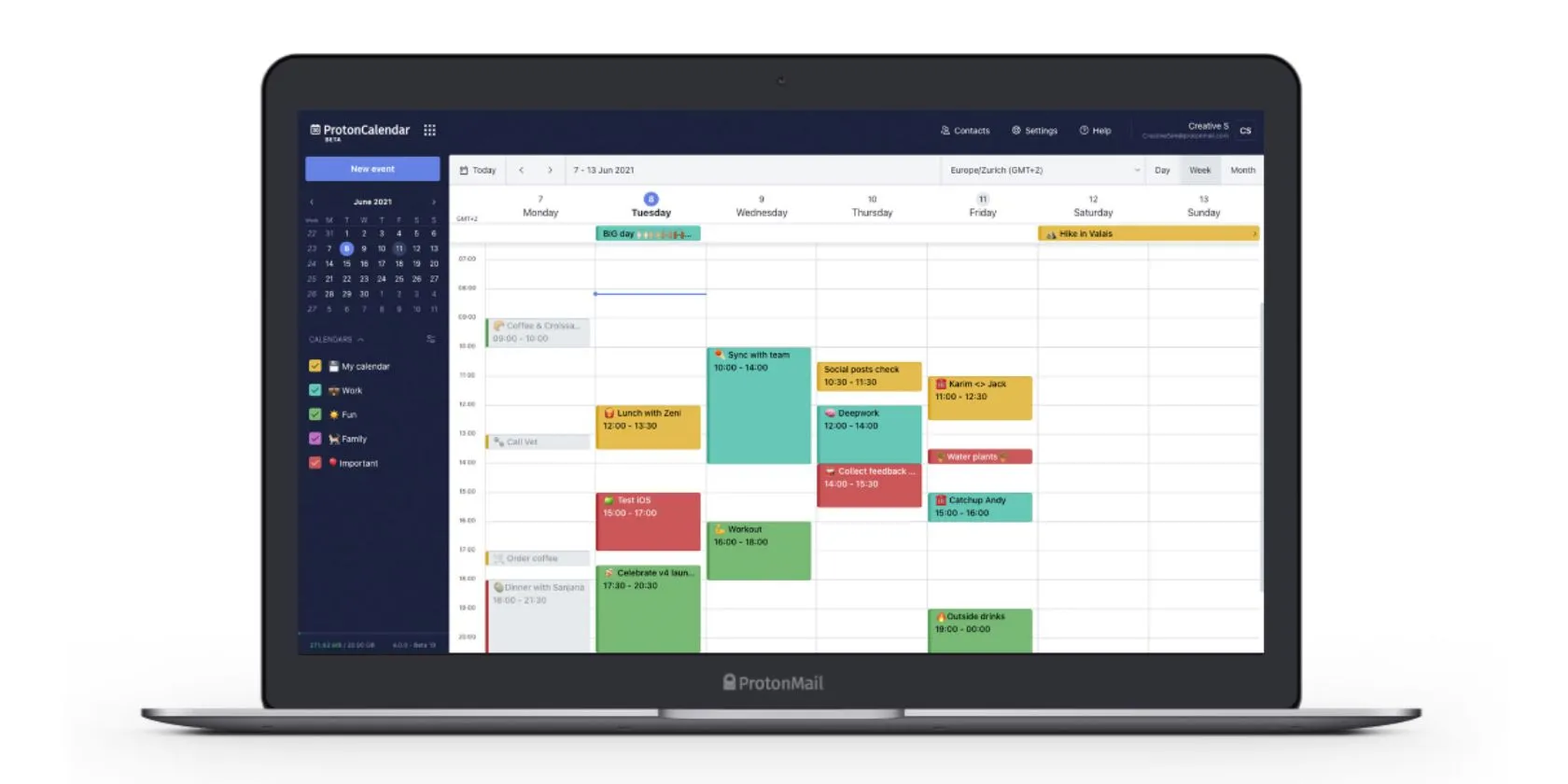 Màn hình máy tính hiển thị ứng dụng lịch kỹ thuật số Proton Calendar với các khối thời gian được sắp xếp