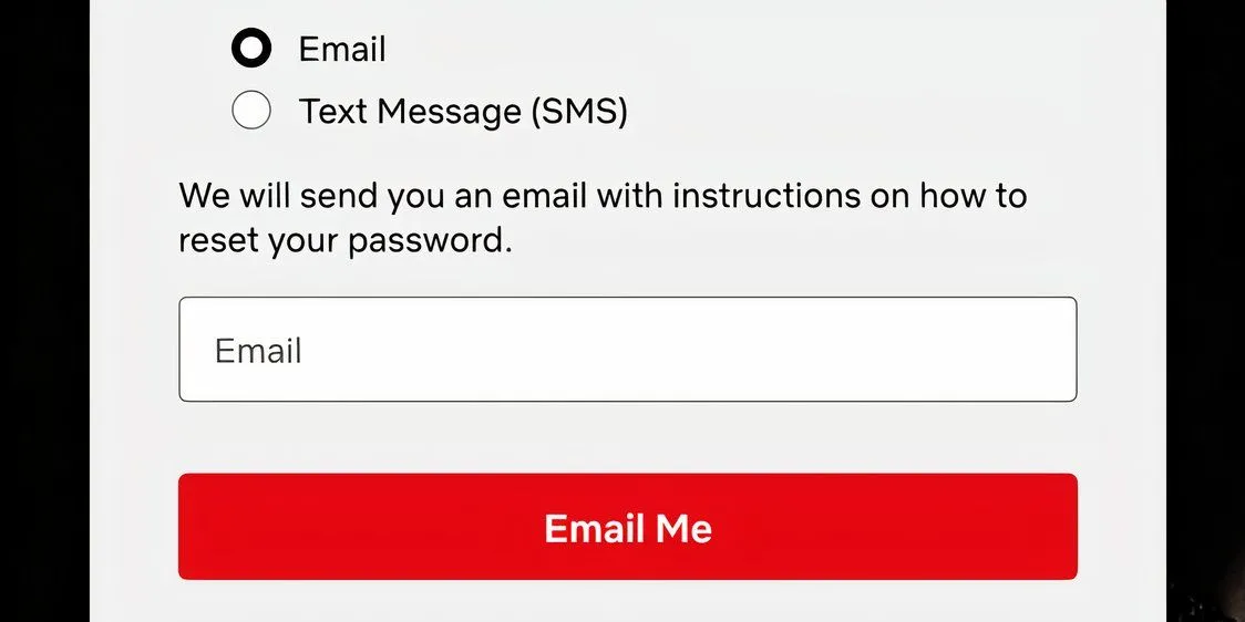 Màn hình Netflix chọn phương thức &quot;Email Me&quot; để đặt lại mật khẩu