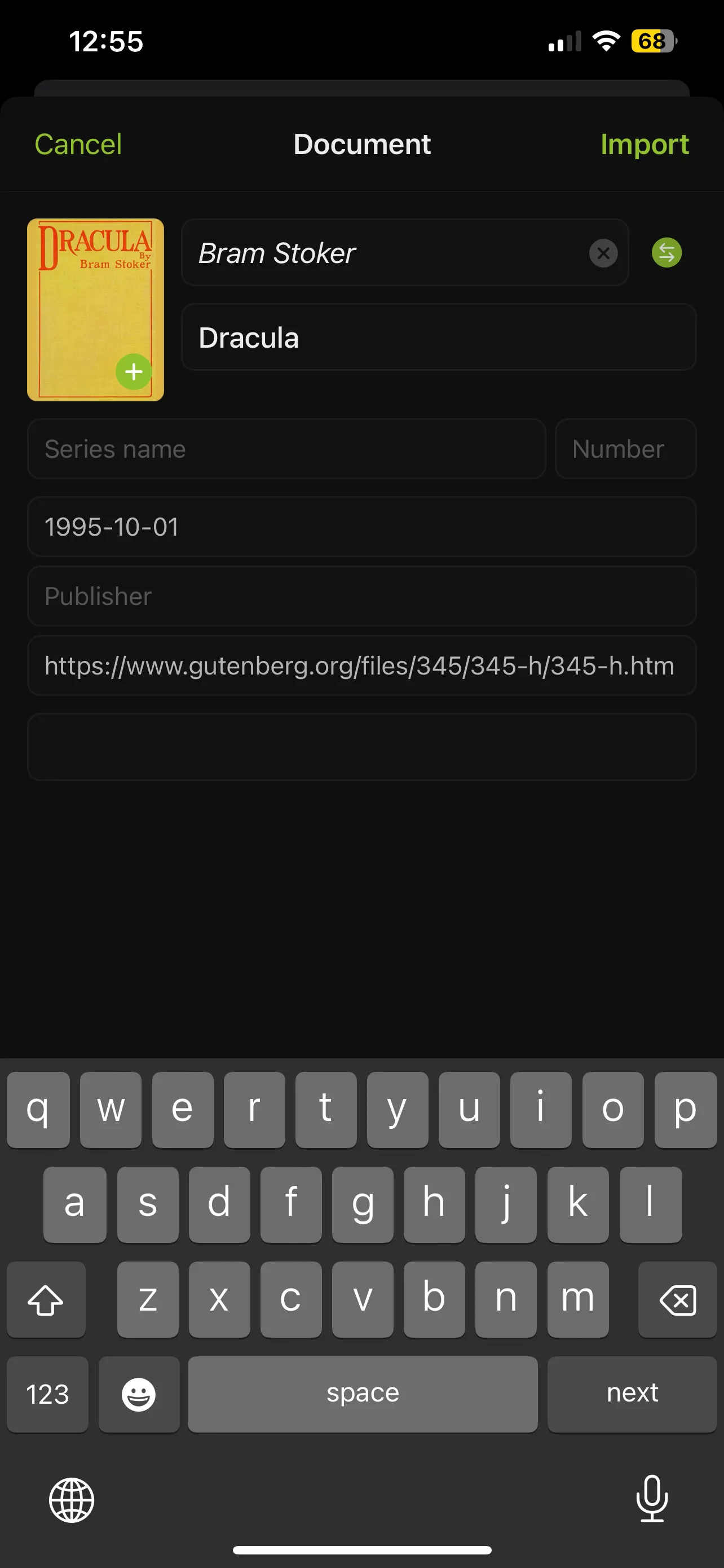 Màn hình nhập sách Dracula từ Project Gutenberg vào Yomu Ebook Reader