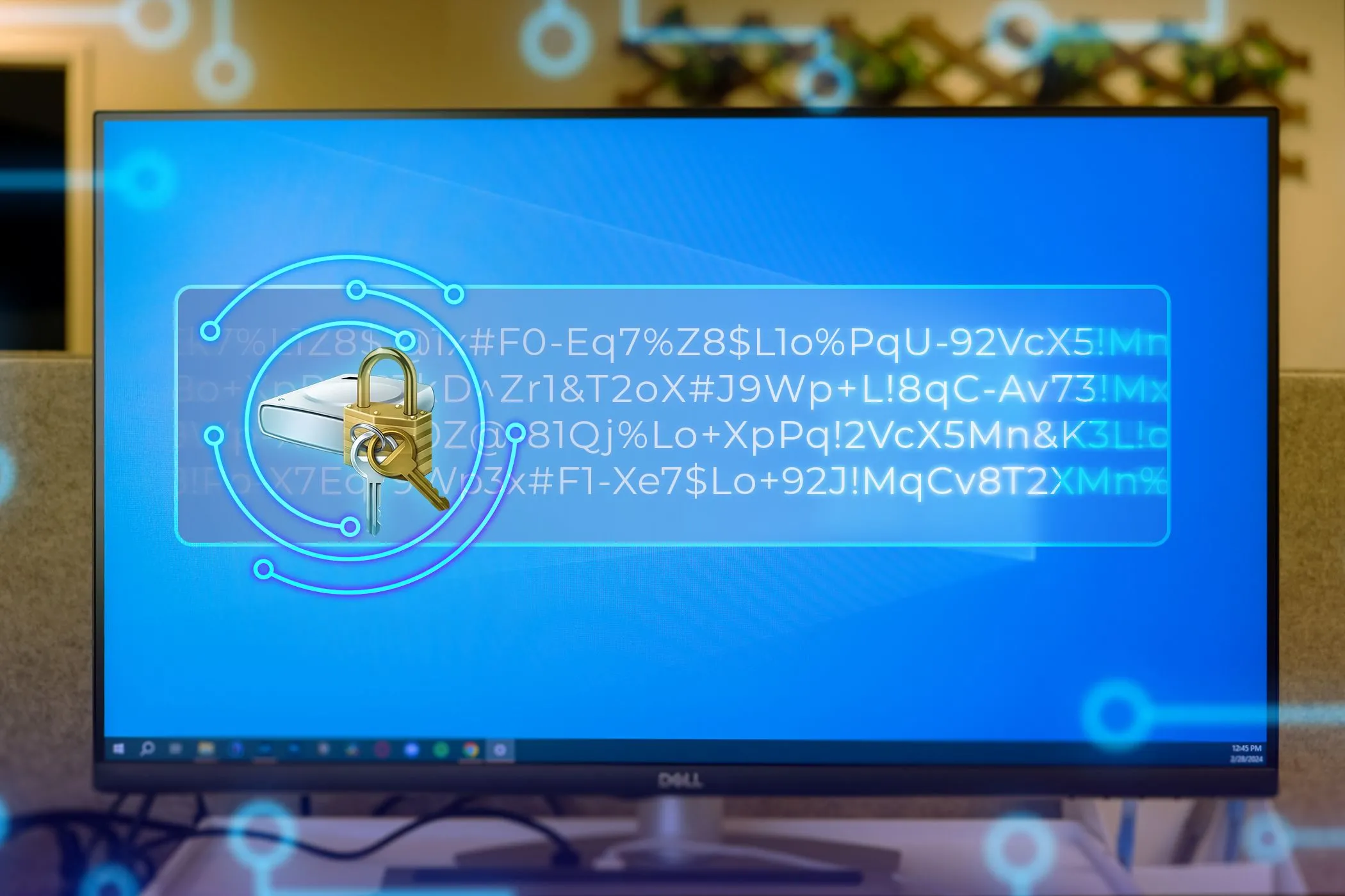 Màn hình PC chạy Windows 11 với biểu tượng BitLocker, minh họa mã hóa dữ liệu sao lưu