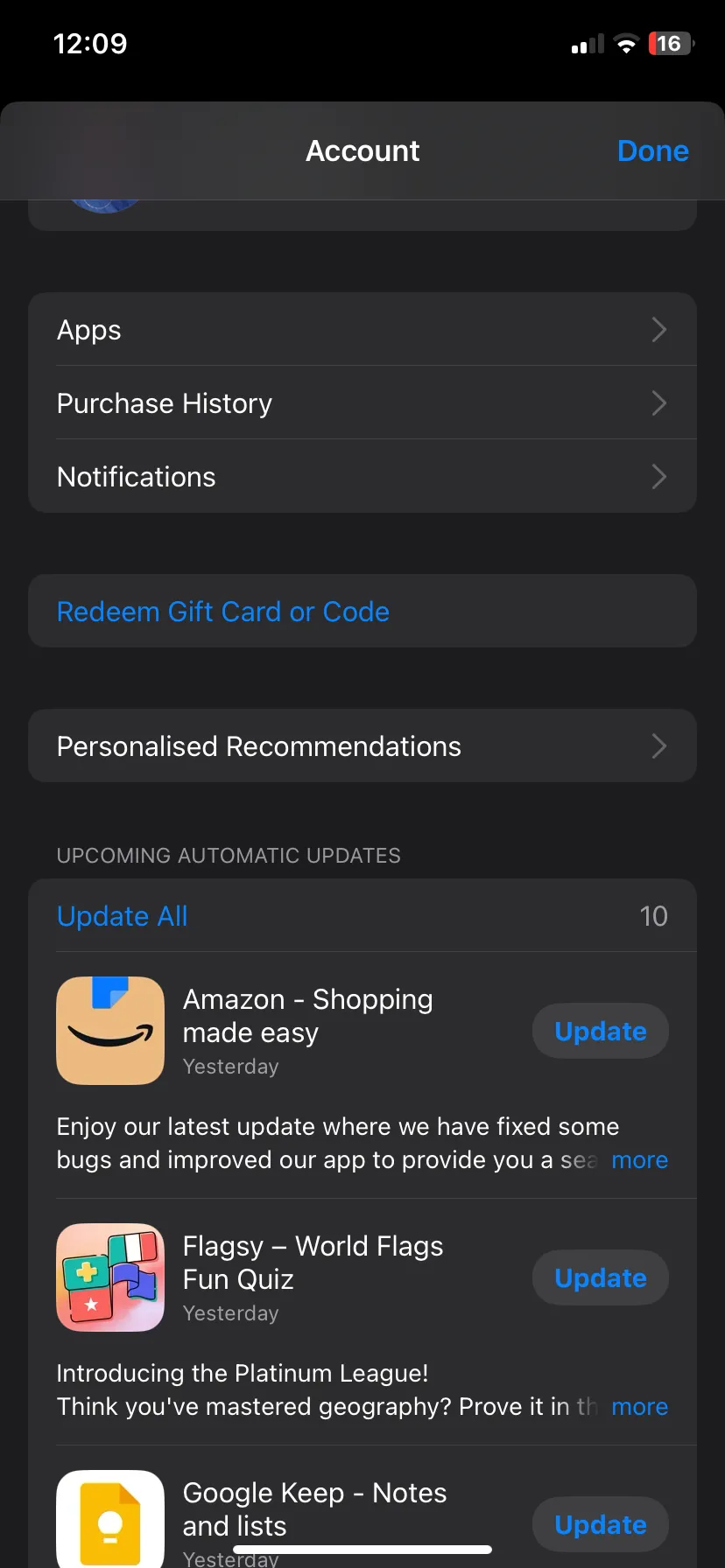 Màn hình phần cập nhật ứng dụng trong App Store trên iOS