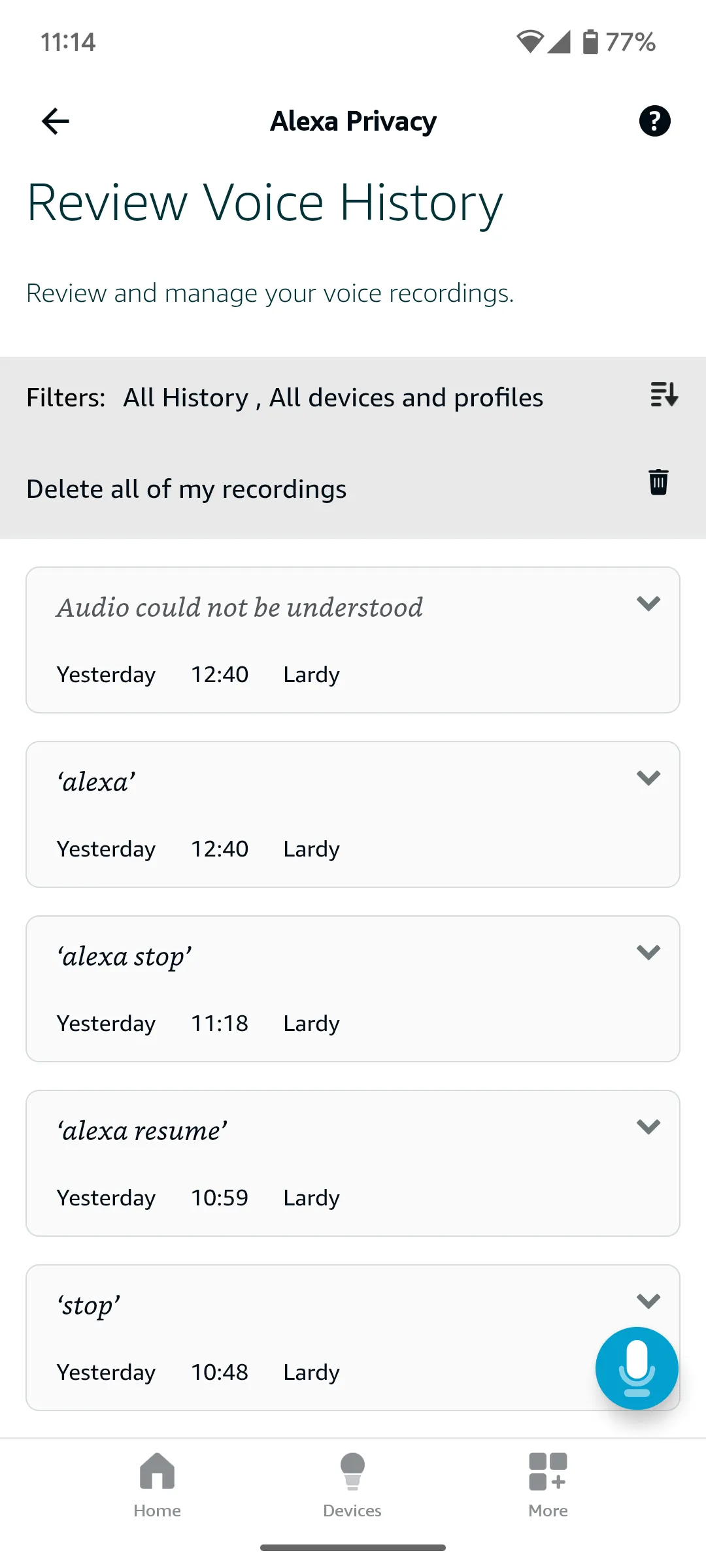 Màn hình quản lý bản ghi giọng nói của Alexa trong ứng dụng, cho phép người dùng xem lại, nghe và xóa các bản ghi âm tương tác với trợ lý ảo.