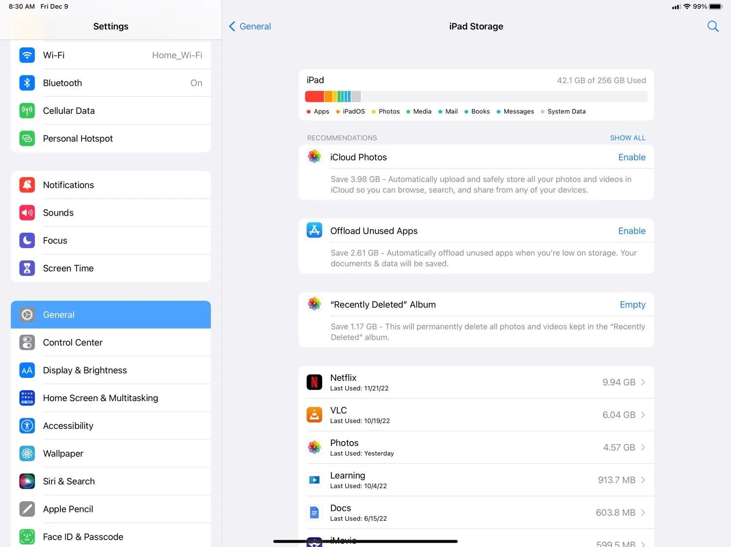 Màn hình quản lý bộ nhớ trên iPad.