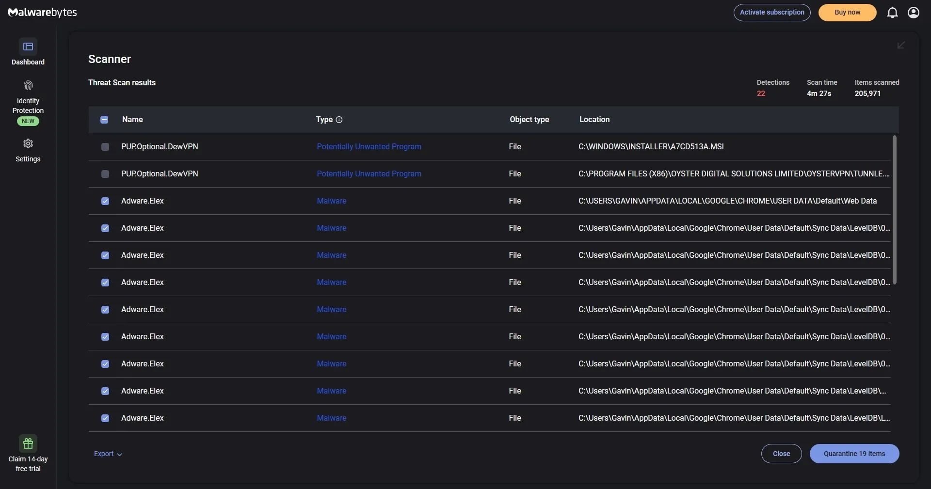 Màn hình quét của Malwarebytes phát hiện adware.elex trên máy tính.