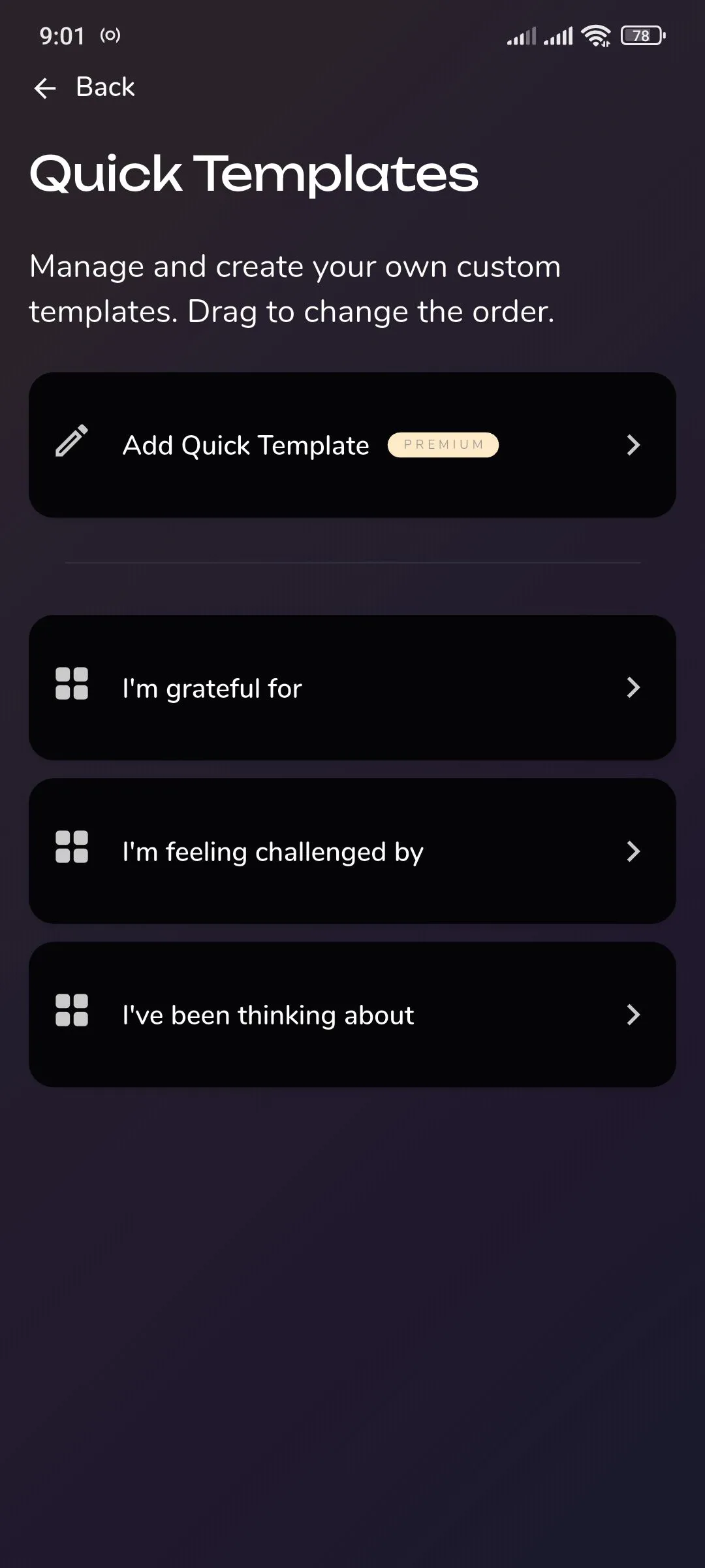 Màn hình Reflection.app hiển thị các mẫu viết nhanh và nút thêm mẫu tùy chỉnh, thể hiện sự linh hoạt của tính năng template