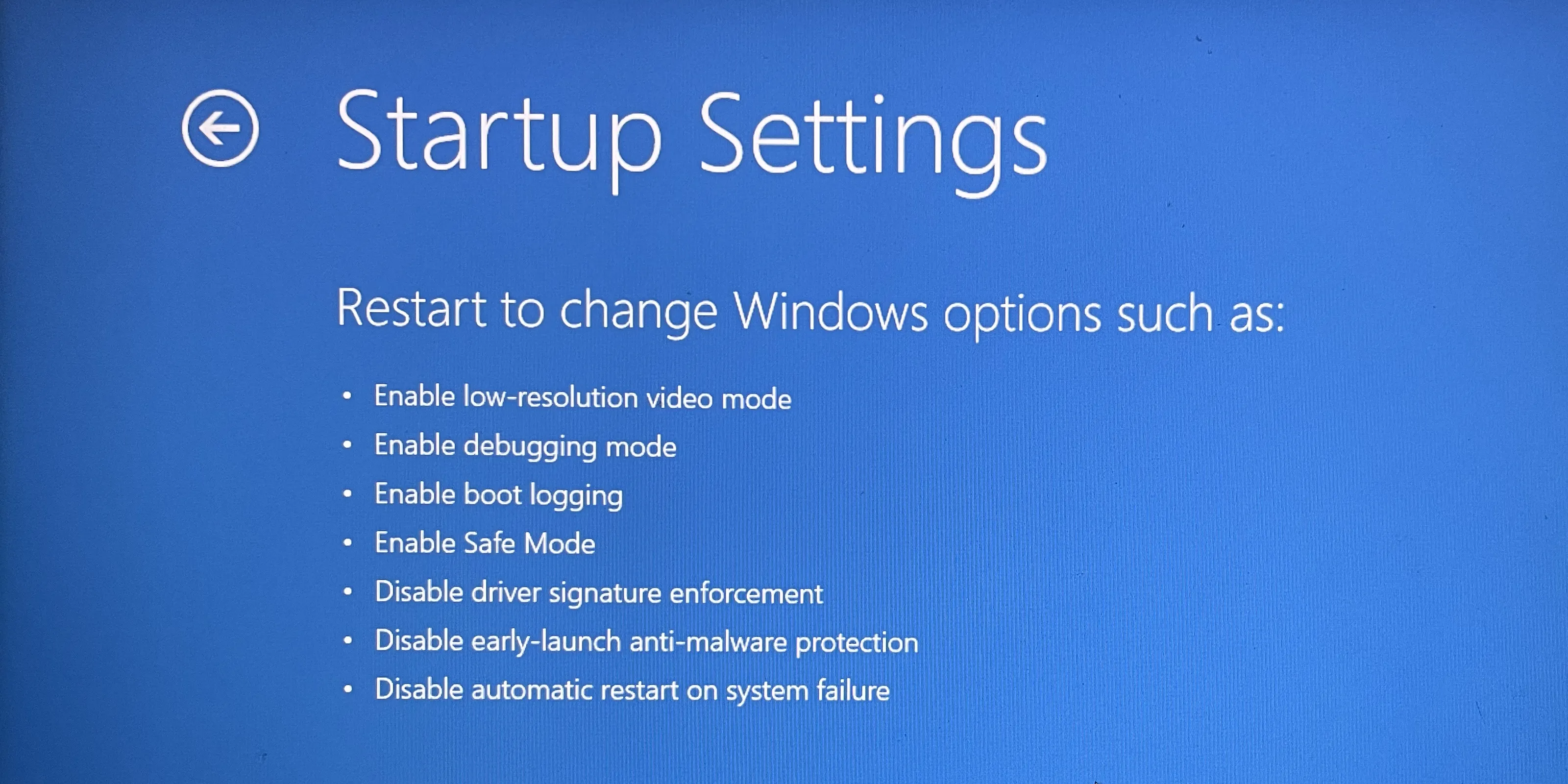 Màn hình Startup Settings trên Windows.