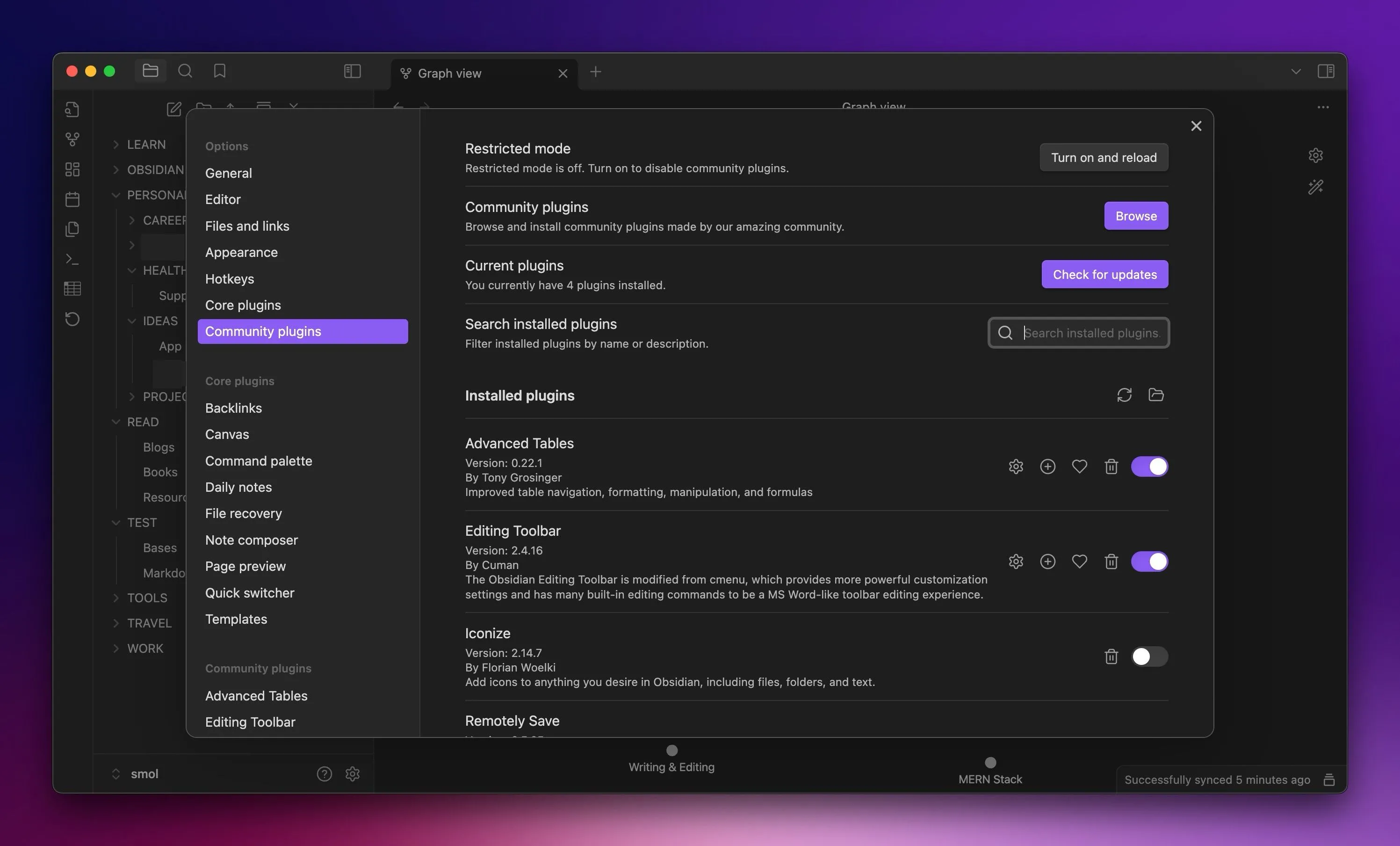 Màn hình tab Community Plugins trong ứng dụng Obsidian trên máy Mac, hiển thị danh sách các plugin cộng đồng.