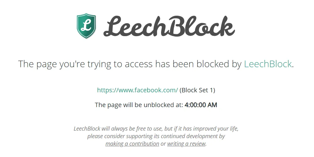 Màn hình thông báo khi trang web bị chặn bởi LeechBlock NG