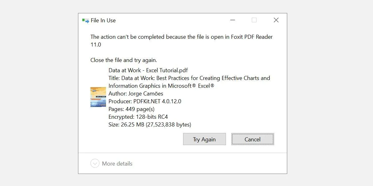 Màn hình thông báo lỗi "The action can't be completed because the file is open in another program" trên Windows 10 khi cố xóa file PDF đang mở.