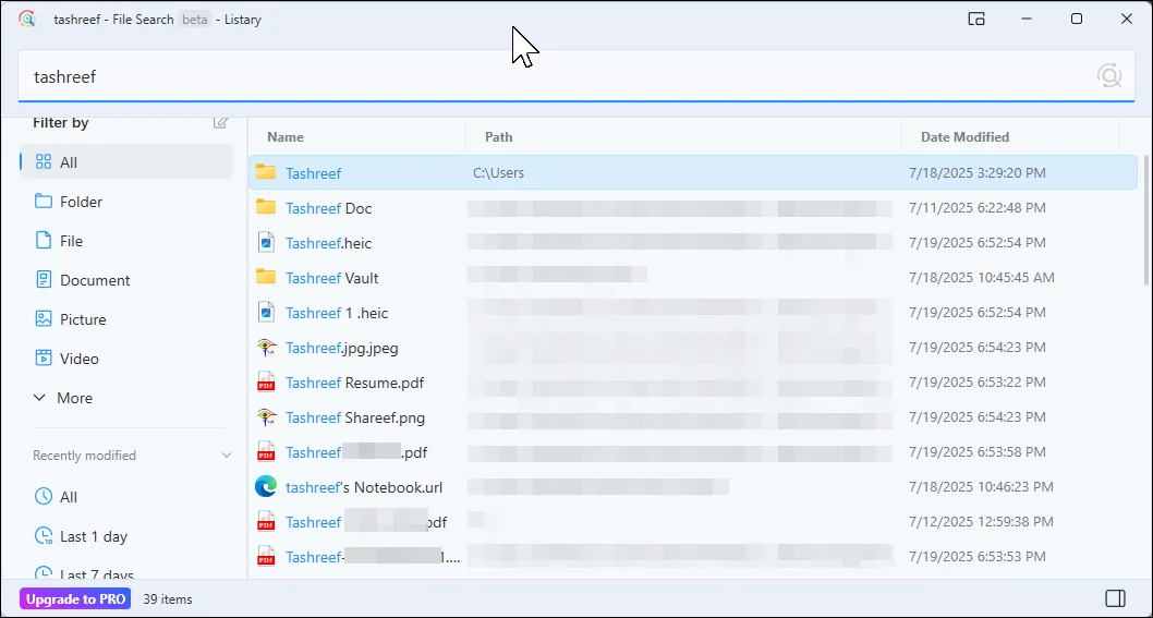 Màn hình tìm kiếm Listary đang mở trong Windows 11
