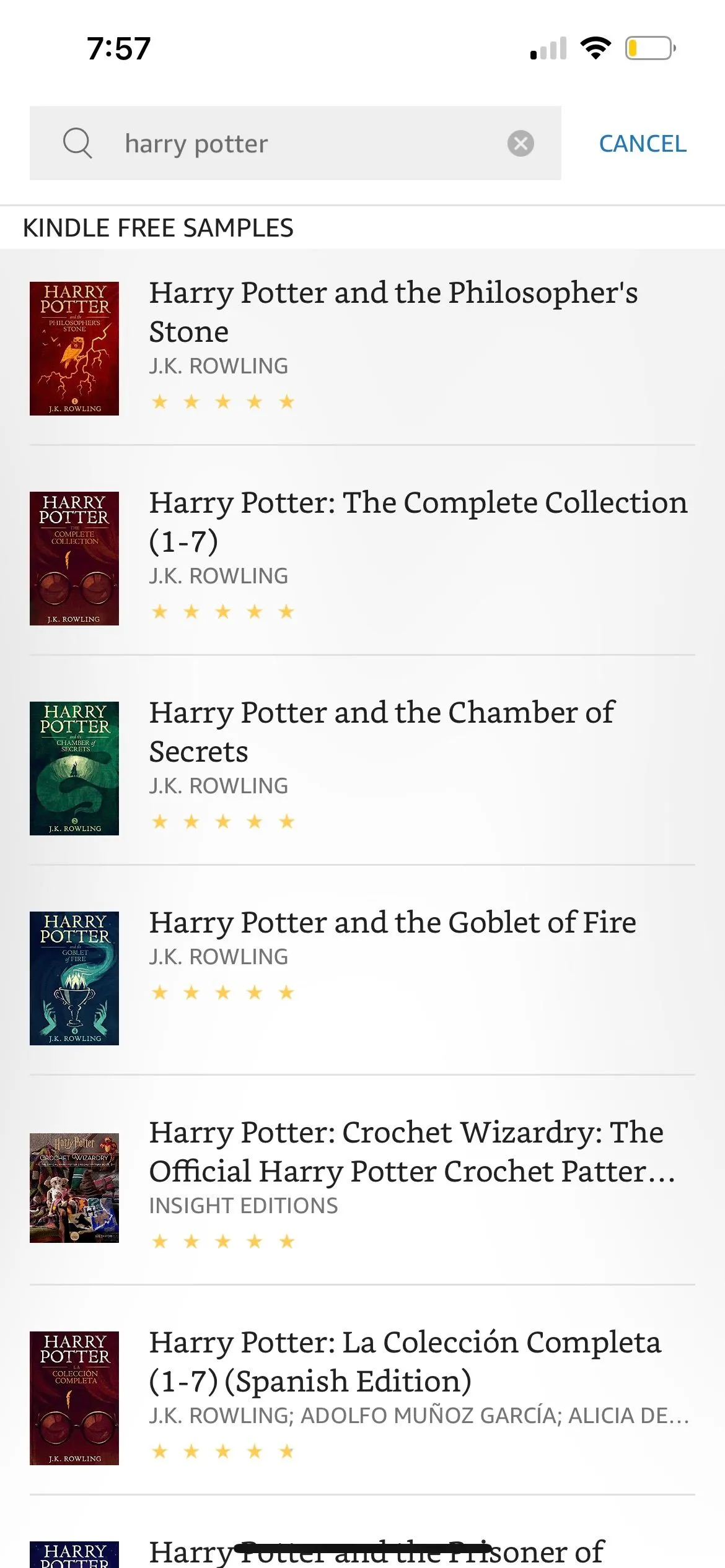 Màn hình tìm kiếm sách trong ứng dụng Amazon Kindle