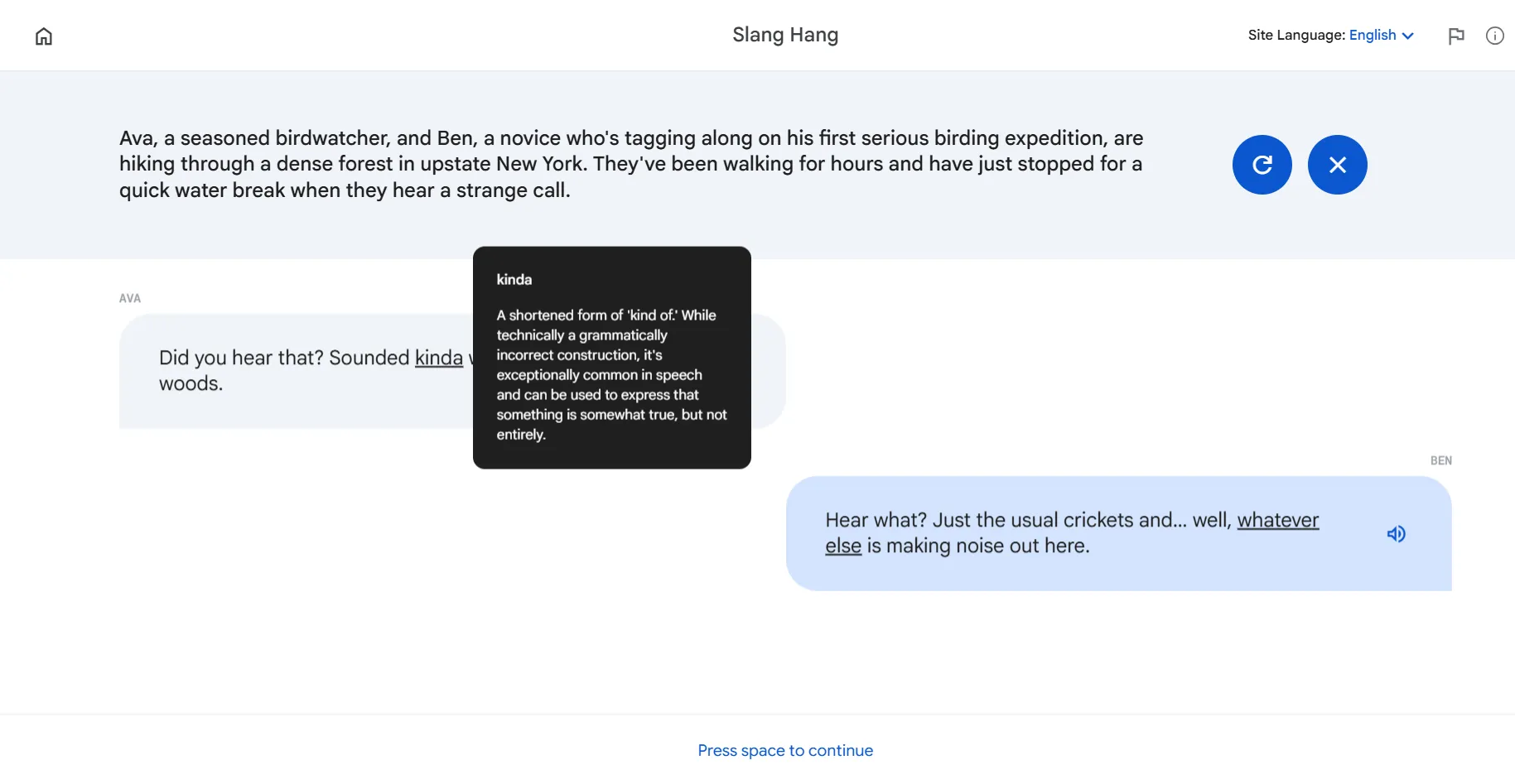 Màn hình tính năng Slang Hang của Google Little Language Lessons với đoạn hội thoại có sử dụng tiếng lóng