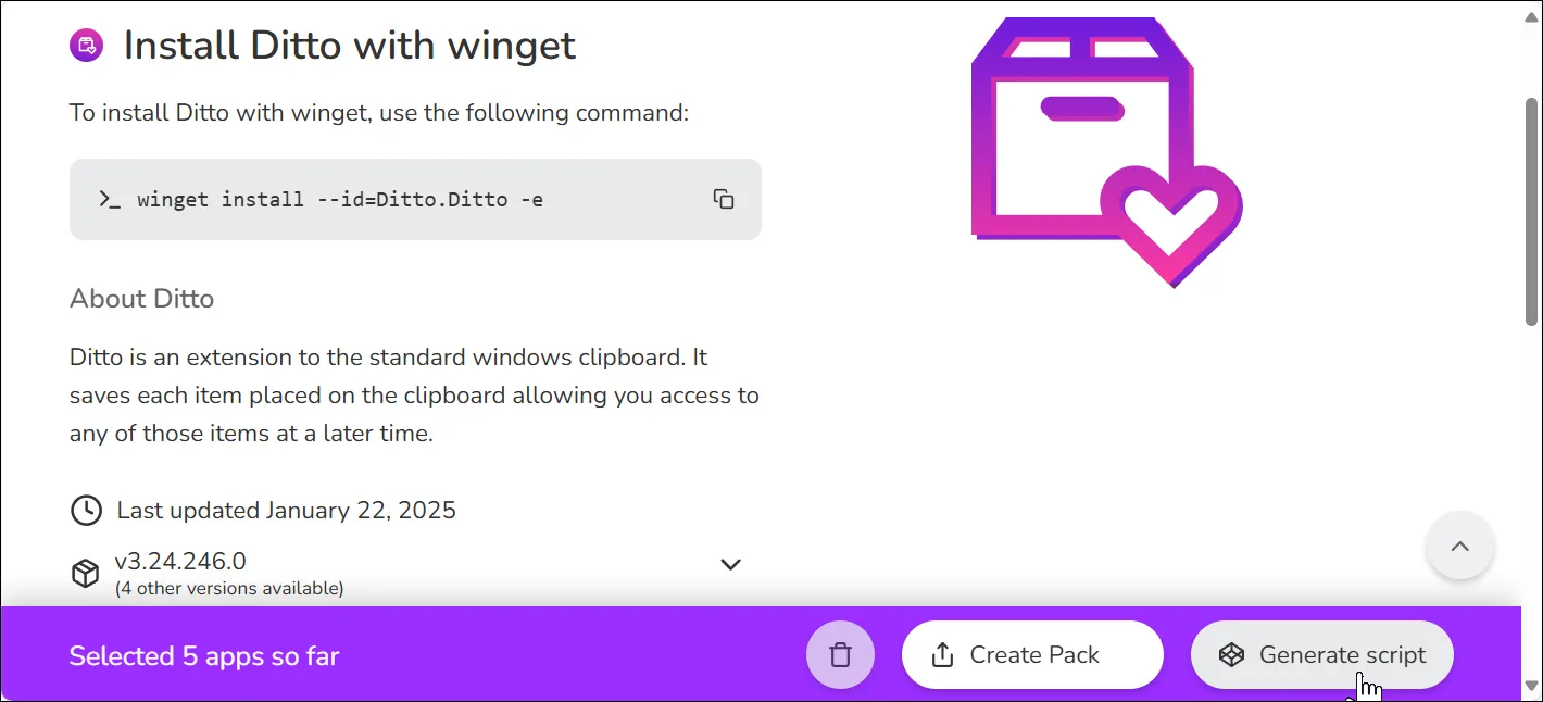 Màn hình trang web Winstall.app với các lựa chọn để tạo gói cài đặt ứng dụng và nút "Generate Script" nổi bật.