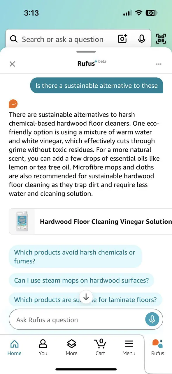Màn hình trò chuyện với Amazon Rufus để tìm kiếm các sản phẩm thân thiện với môi trường