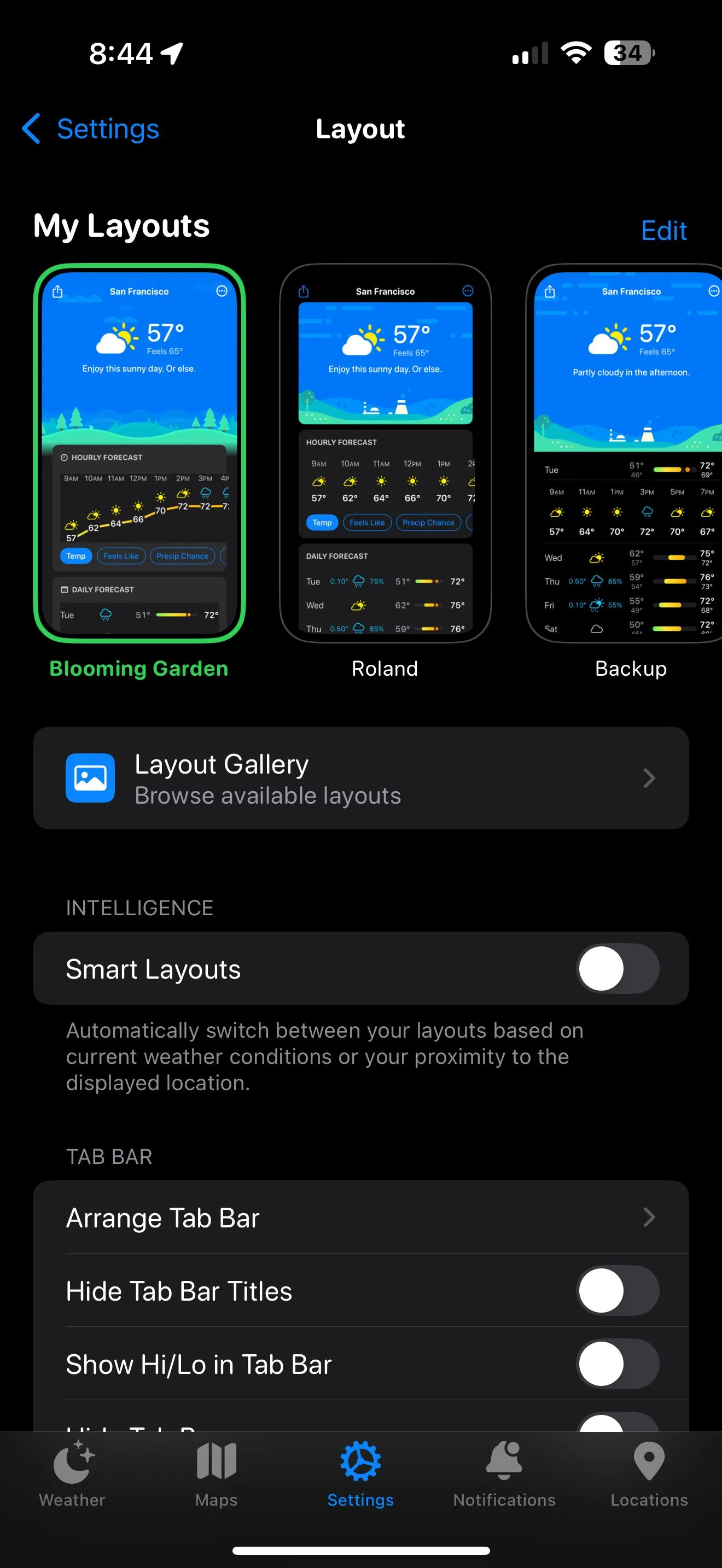 Màn hình tùy chỉnh bố cục (Layout Gallery) của Carrot Weather trên iPhone