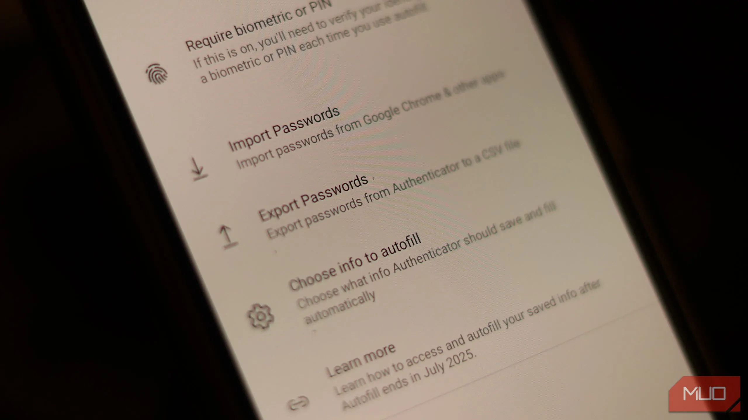Màn hình tùy chọn Export Passwords (Xuất mật khẩu) trong ứng dụng Microsoft Authenticator