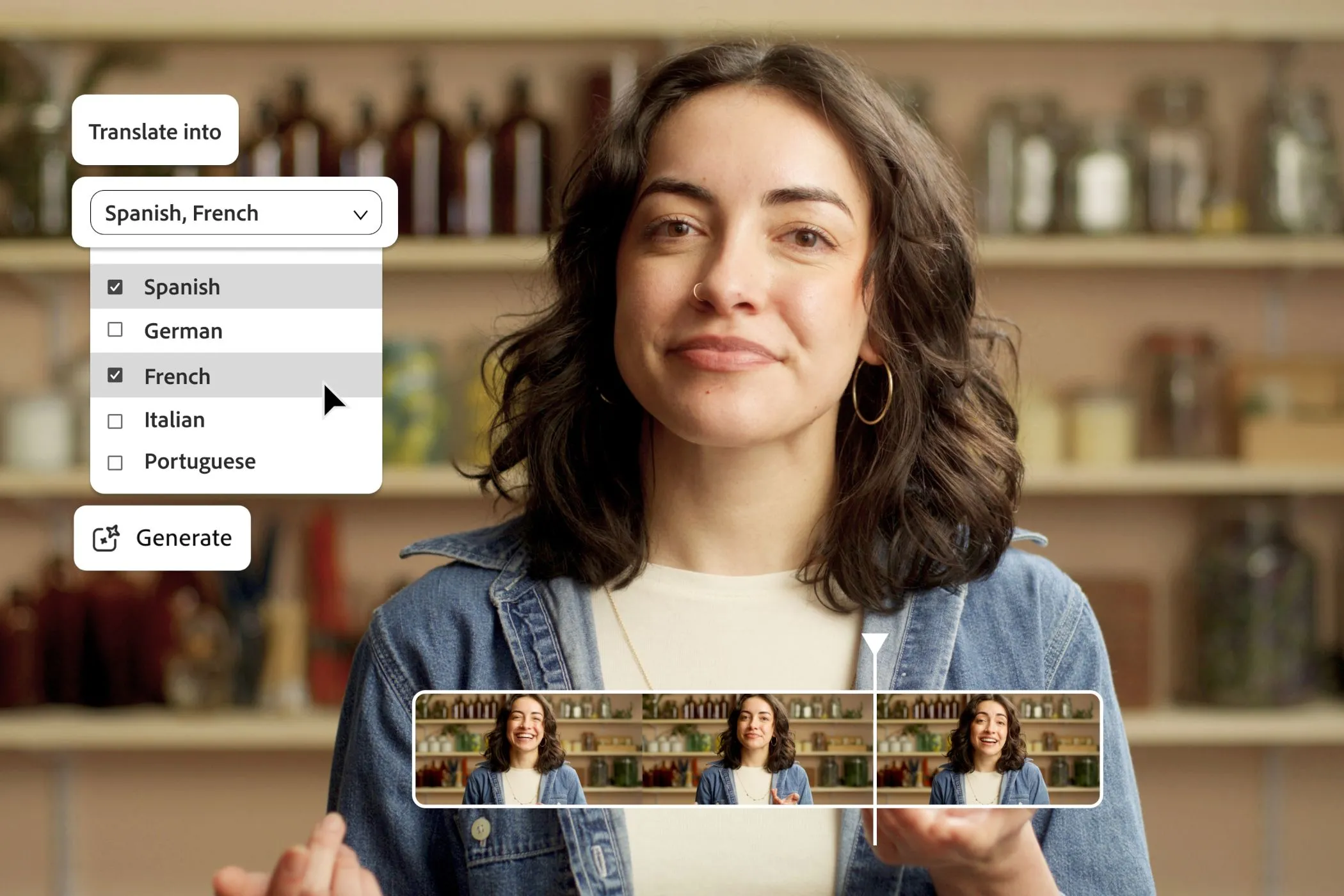Màn hình ứng dụng Adobe Firefly hiển thị tính năng dịch video, với hình ảnh người phụ nữ đang nói và menu lựa chọn ngôn ngữ