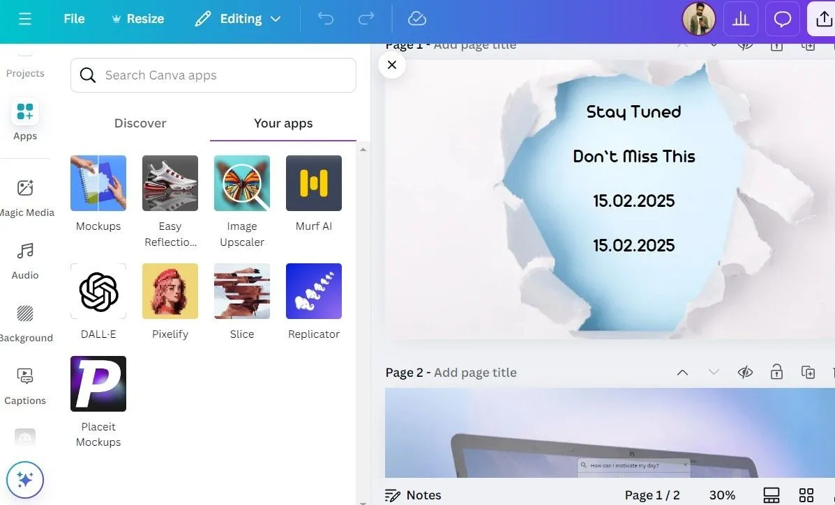 Màn hình ứng dụng Canva trên máy tính hiển thị tab &quot;Apps&quot; (Ứng dụng) với các ứng dụng bên thứ ba tích hợp.