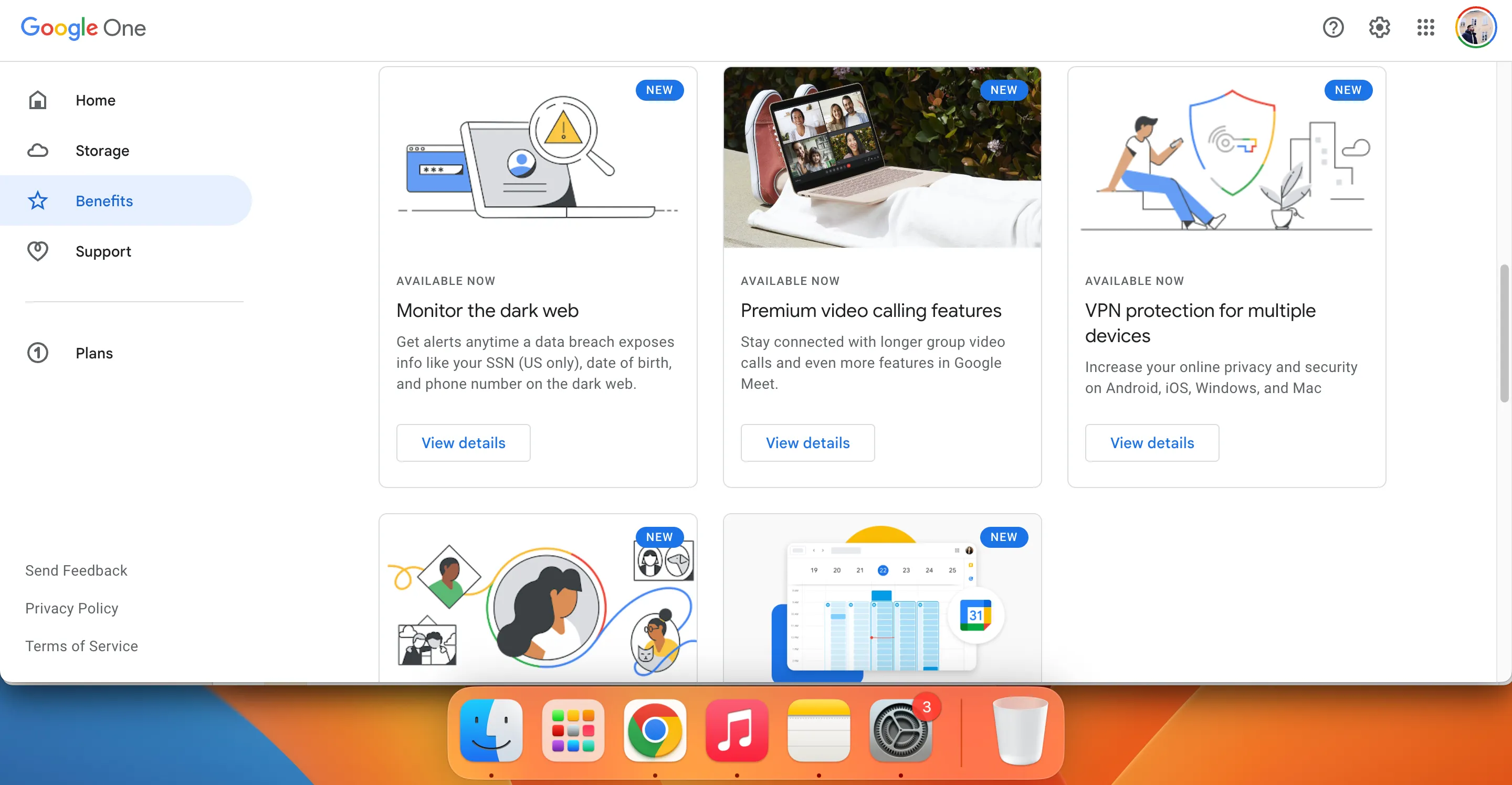 Màn hình ứng dụng Google One với tùy chọn thiết lập Google VPN, tính năng độc quyền cho người dùng gói đăng ký.