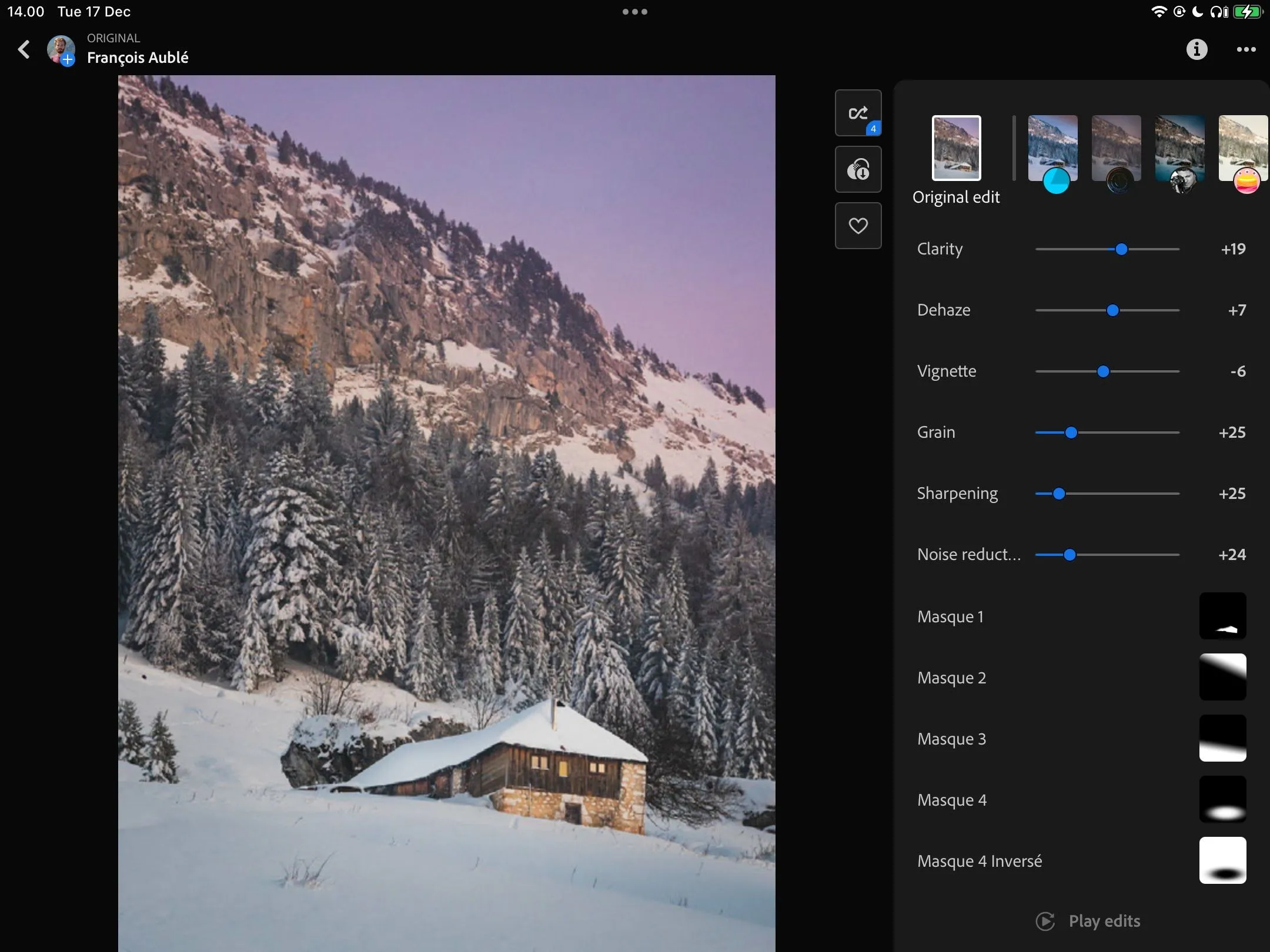 Màn hình ứng dụng Lightroom trên iPad, hiển thị chế độ xem ảnh và các bước chỉnh sửa, minh họa cách học hỏi từ cộng đồng nhiếp ảnh.