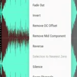 Màn hình ứng dụng WaveEditor hiển thị giao diện chỉnh sửa âm thanh trên điện thoại Android, với biểu đồ sóng âm và các tùy chọn fade in out.