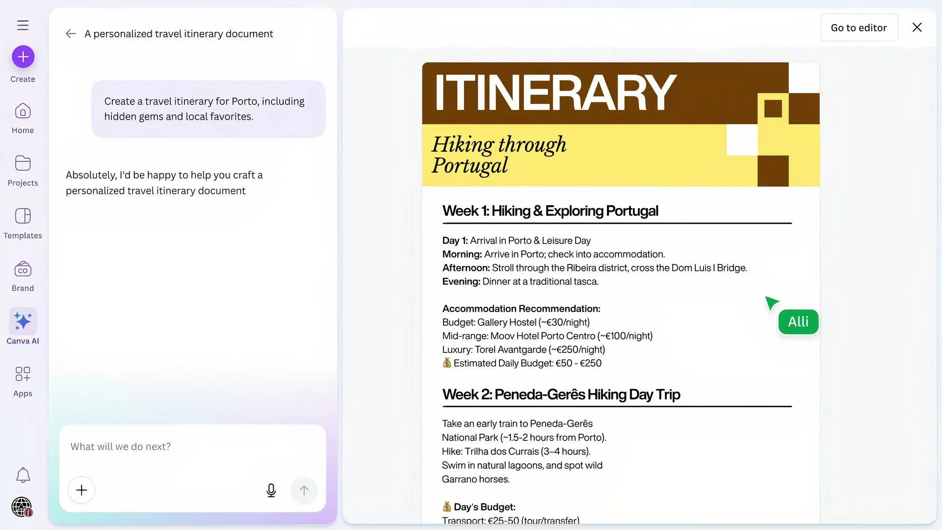 Màn hình ví dụ tính năng Draft a Doc của Canva AI, tạo tài liệu từ mô tả