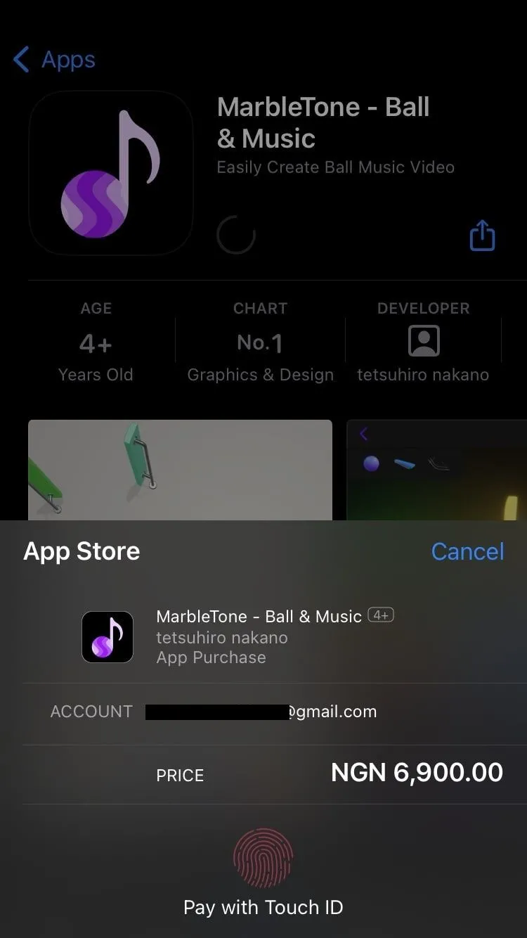 Màn hình xác nhận tải ứng dụng trên App Store, hiển thị tùy chọn xác thực bằng Touch ID hoặc nhập mật mã