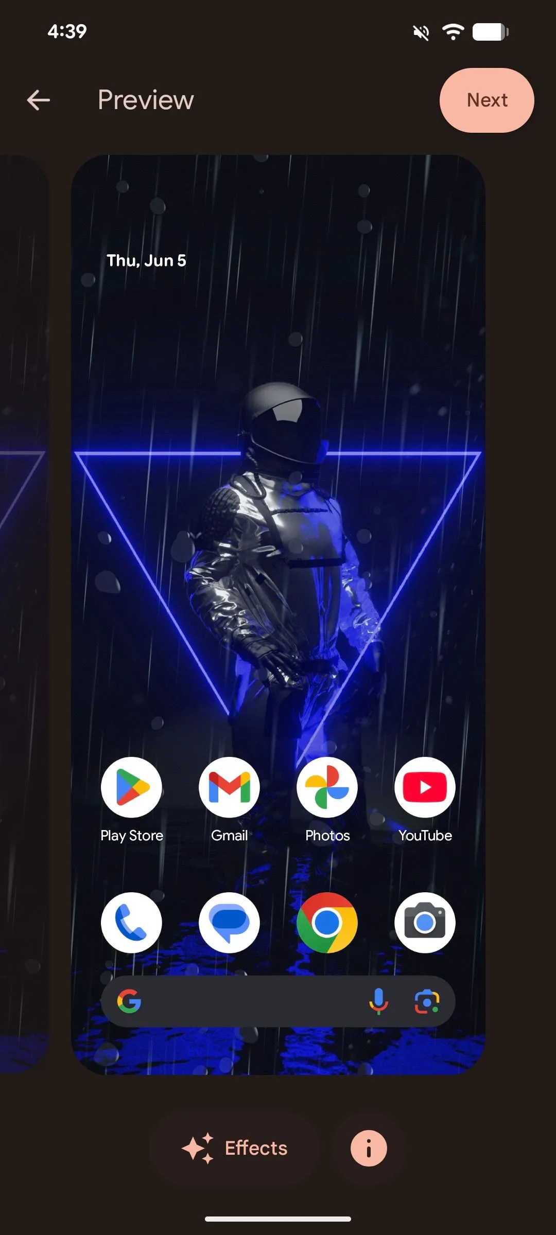 Màn hình xem trước hình nền đã áp dụng hiệu ứng trên Android 16, trước khi cài đặt.
