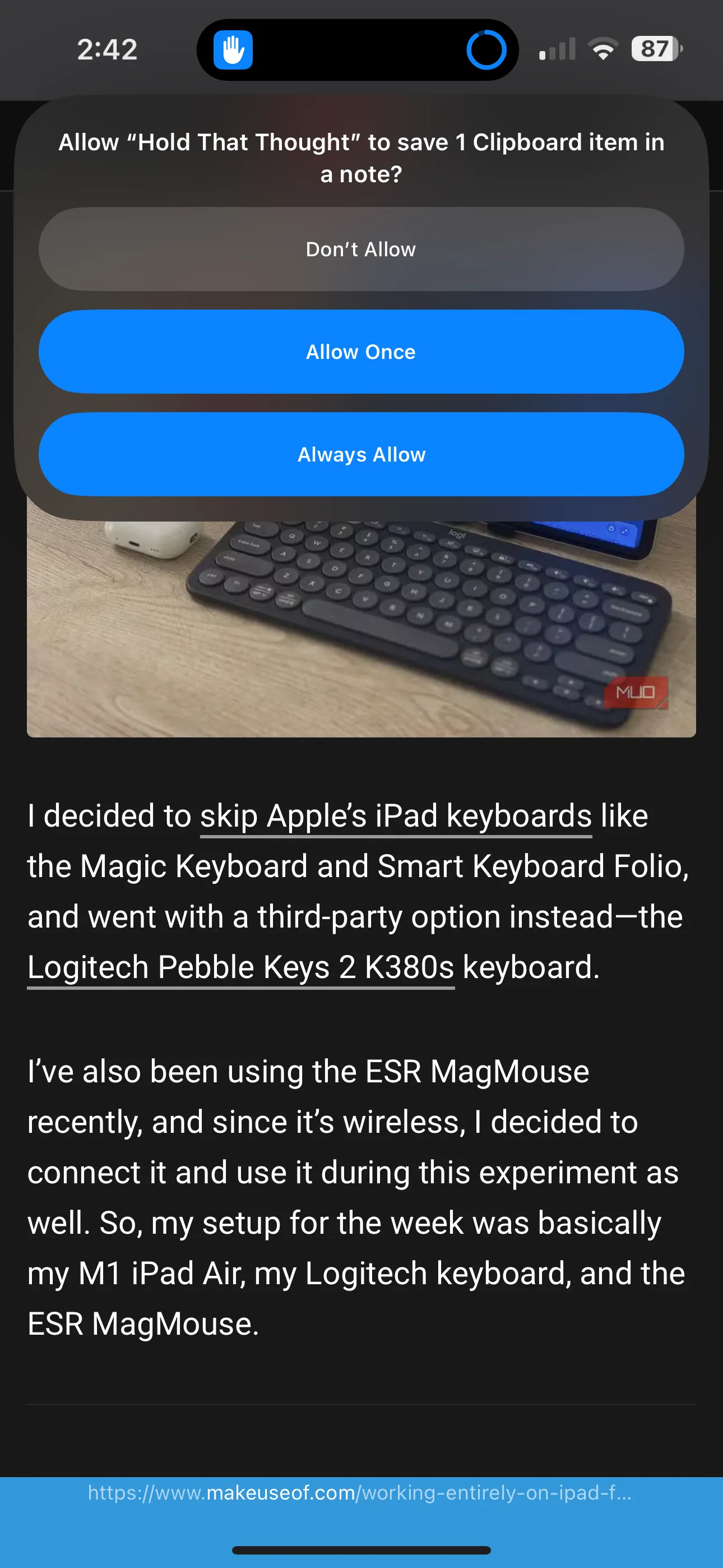 Màn hình yêu cầu cấp quyền lưu ghi chú của phím tắt Hold That Thought trên iPhone
