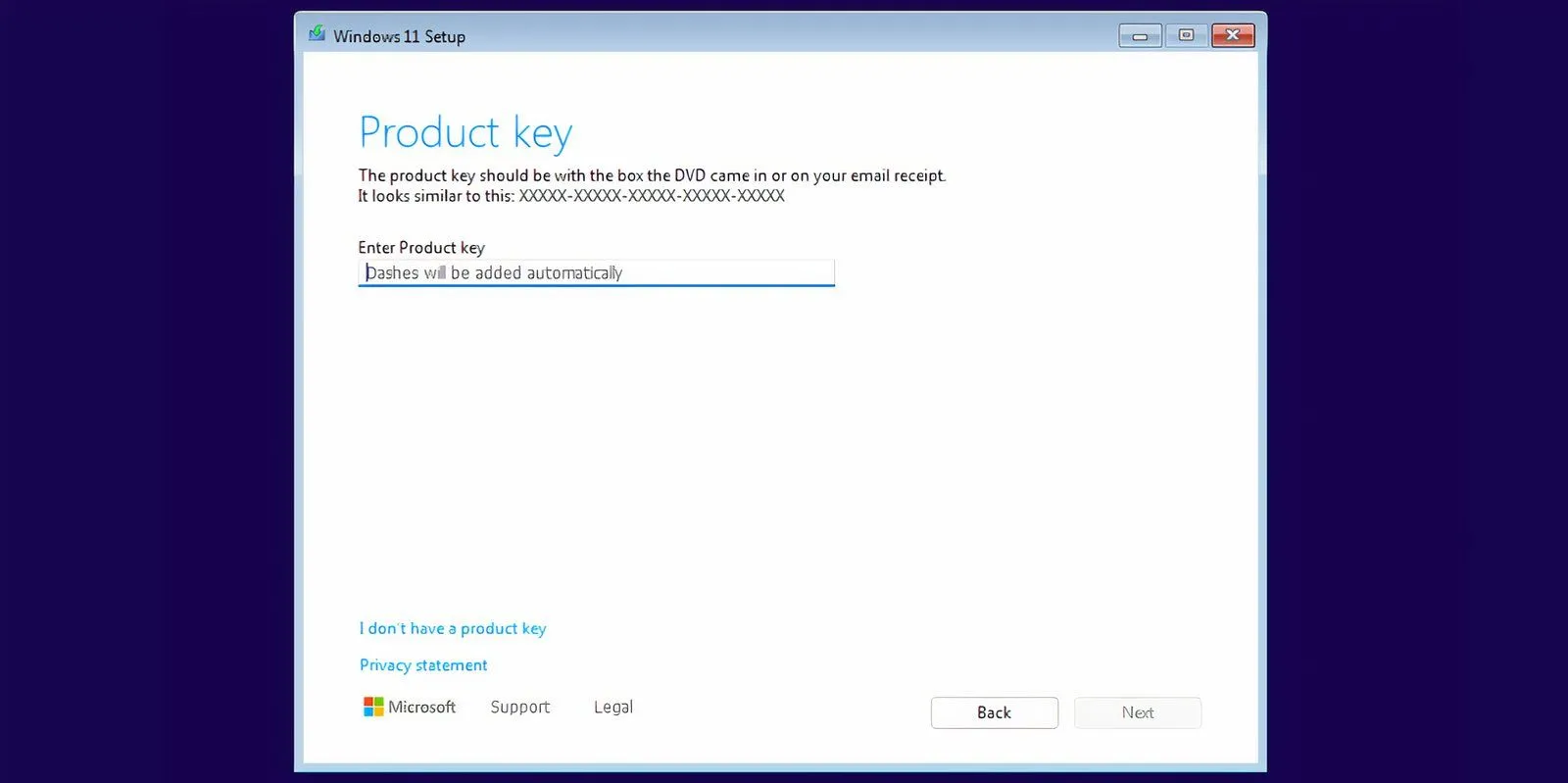 Màn hình yêu cầu Product Key trong quá trình cài đặt Windows 11, nơi người dùng có thể chọn 'I don’t have a product key'.