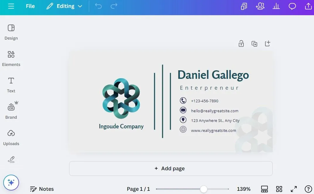 Mẫu chữ ký email chuyên nghiệp được thiết kế trên Canva, với logo và thông tin liên hệ