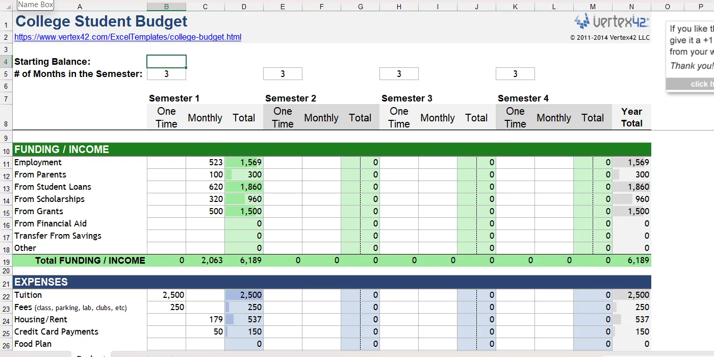Mẫu Excel Ngân sách Sinh viên theo dõi chi phí học tập và sinh hoạt