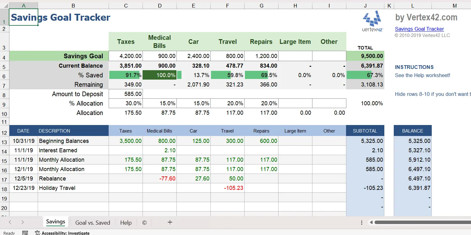 Mẫu Excel Theo dõi Mục tiêu Tiết kiệm với biểu đồ trực quan