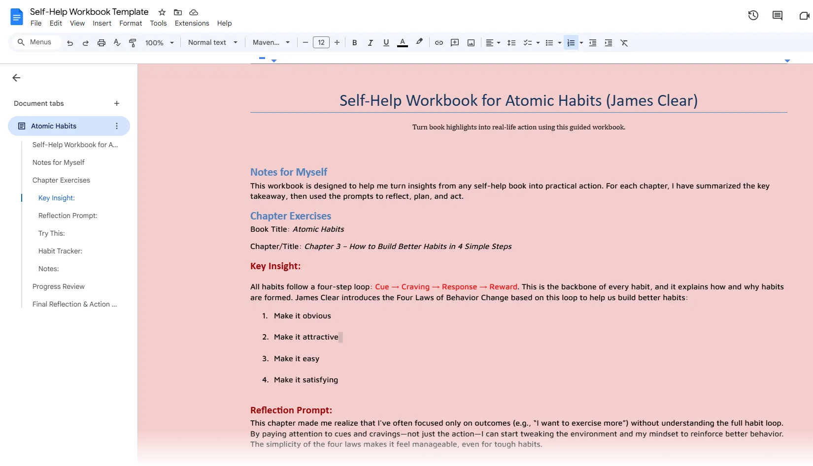 Mẫu sổ tay thực hành tạo bằng Google Docs cho sách self-help