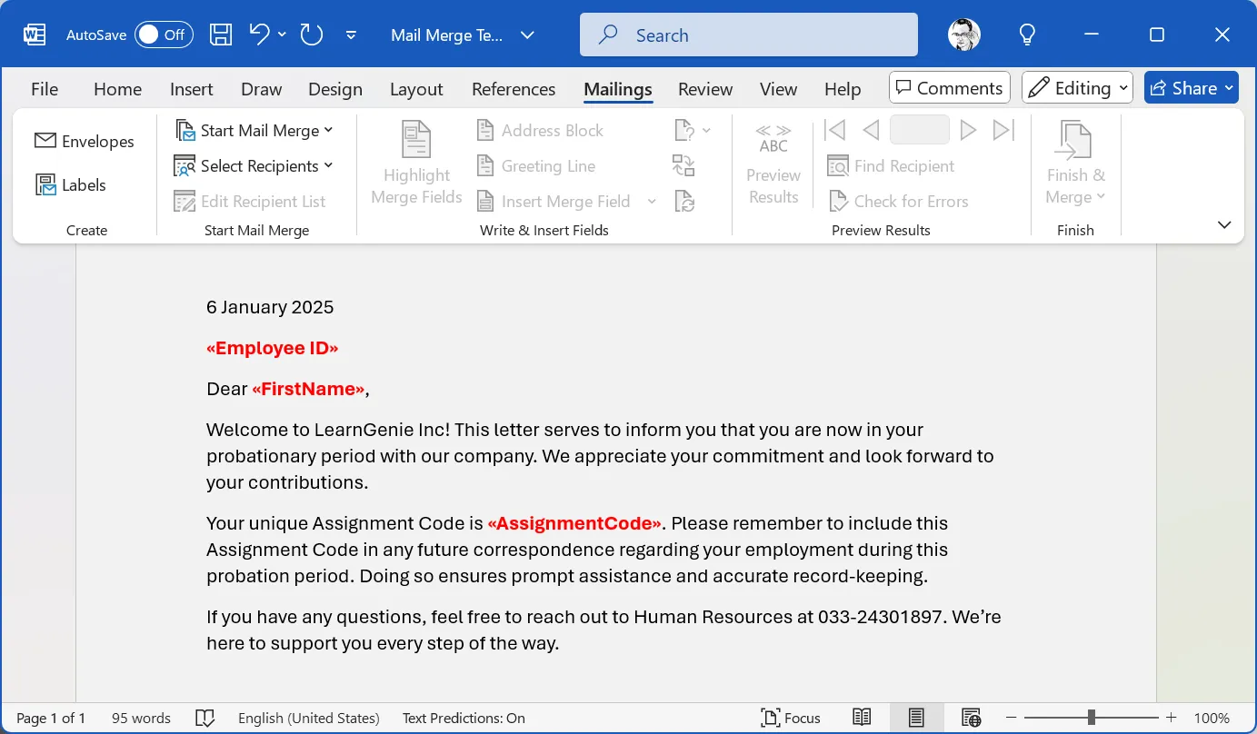 Mẫu thư Mail Merge trong Word với các trường cá nhân hóa như &lt;&lt;FirstName&gt;&gt;