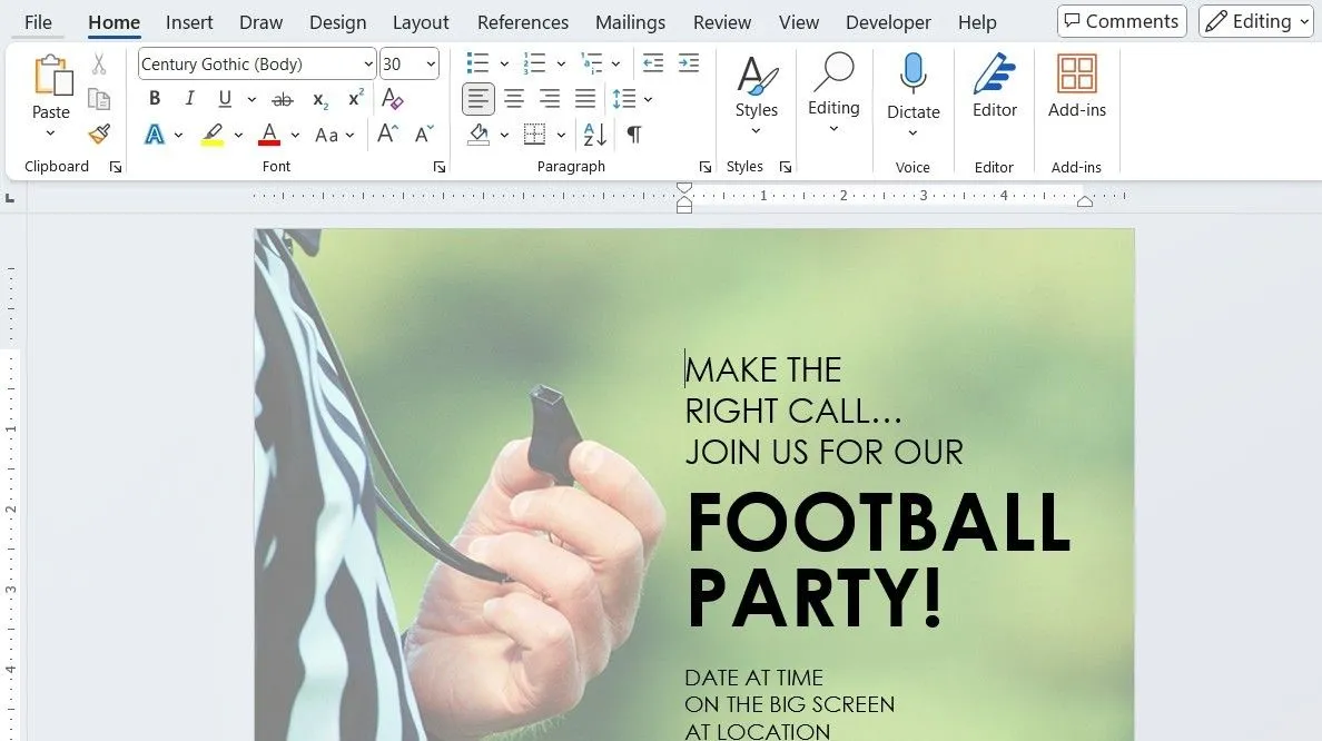 Mẫu tờ rơi quảng cáo tiệc bóng đá được thiết kế trong Microsoft Word, minh họa khả năng sáng tạo ấn phẩm.