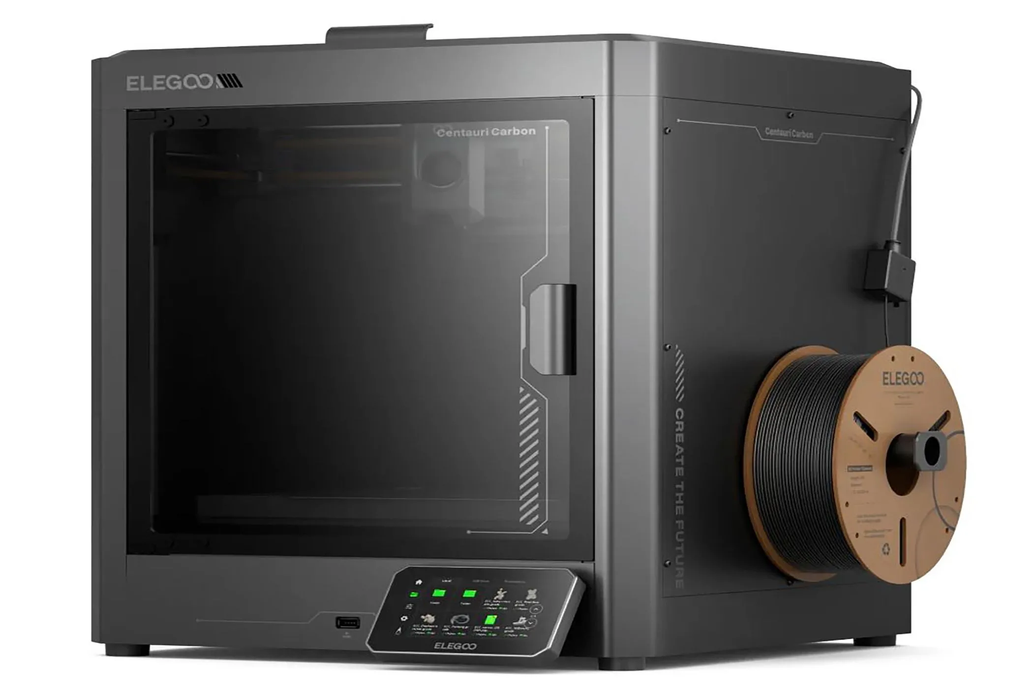 Máy in 3D Elegoo Centauri Carbon với thiết kế hiện đại màu trắng từ góc nhìn bên cạnh