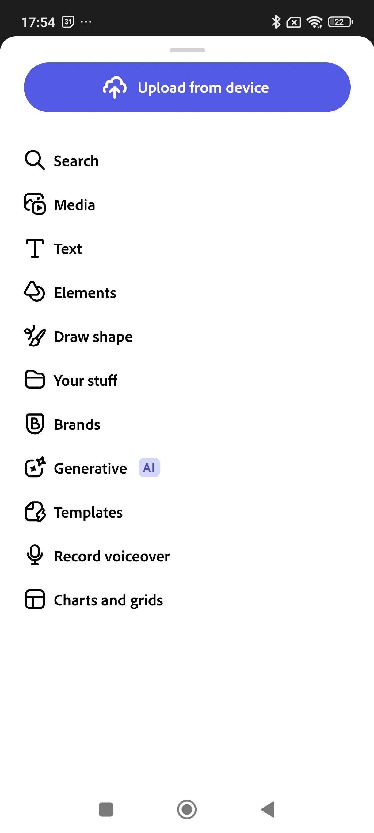 Menu Adobe Express Mobile