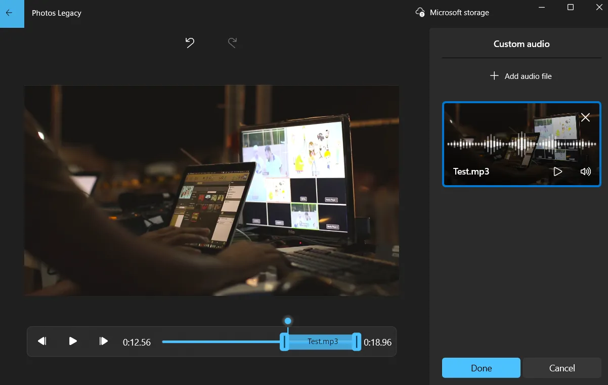 Menu âm thanh tùy chỉnh (Custom audio) trong Photos Legacy, cho phép thêm nhạc từ tệp cá nhân