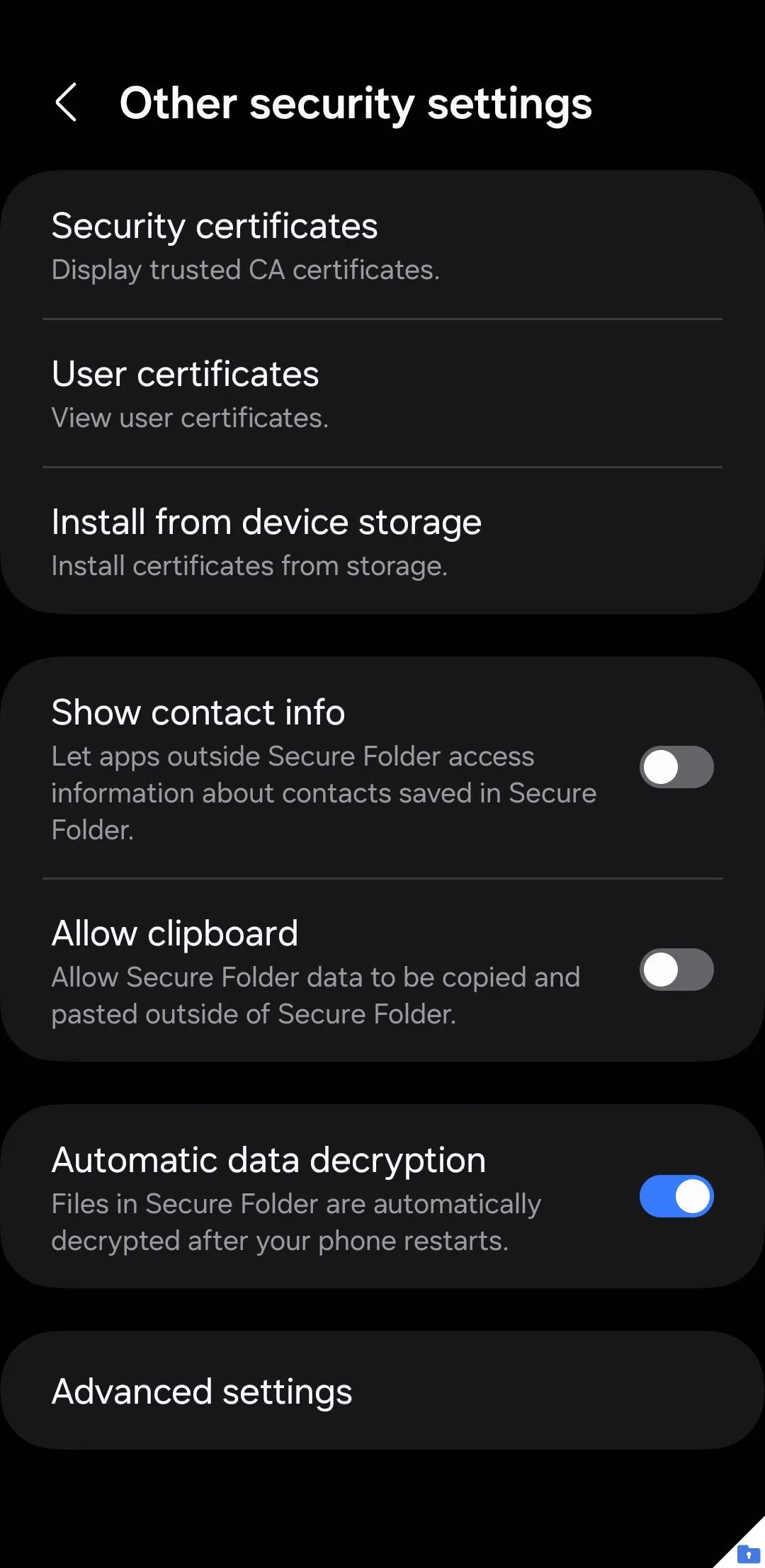 Menu cài đặt bảo mật khác của Secure Folder trên điện thoại Samsung, tùy chọn giải mã tự động