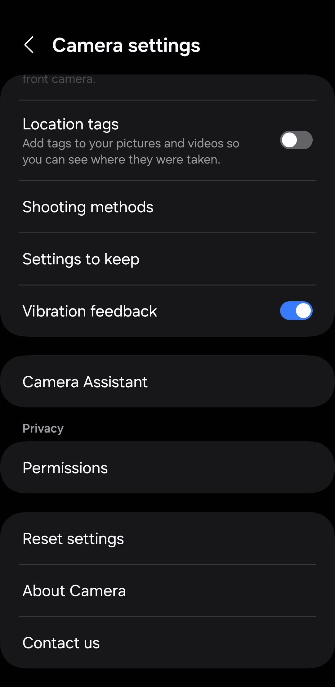 Menu cài đặt camera trên điện thoại Samsung, hiển thị tùy chọn Camera Assistant