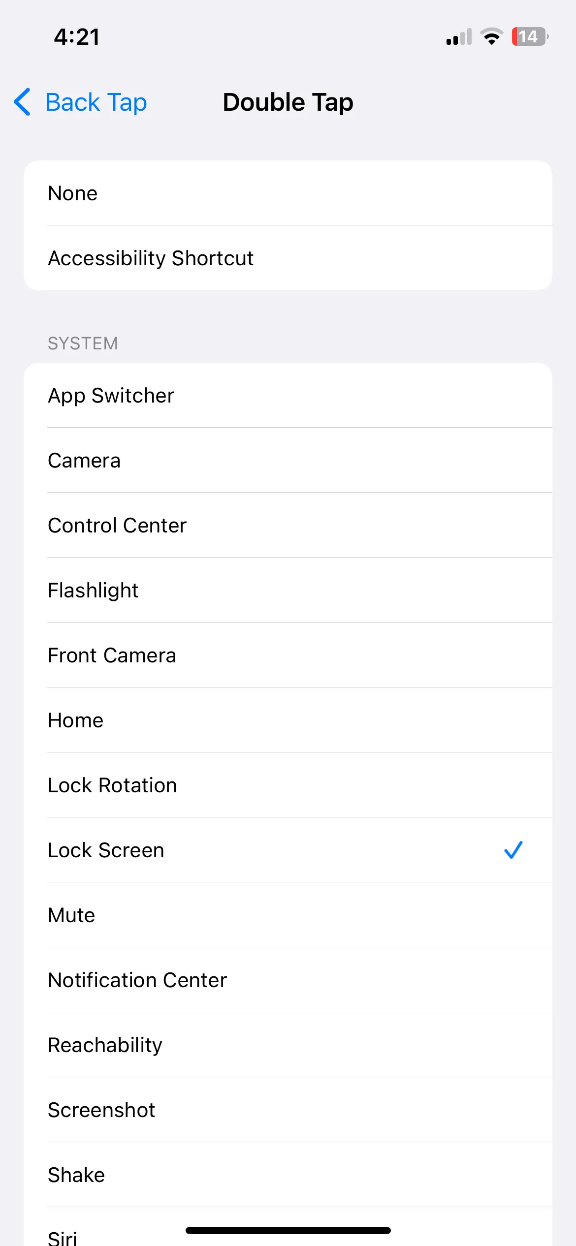 Menu cài đặt Chạm hai lần (Back Tap) trên iPhone để kích hoạt các hành động nhanh