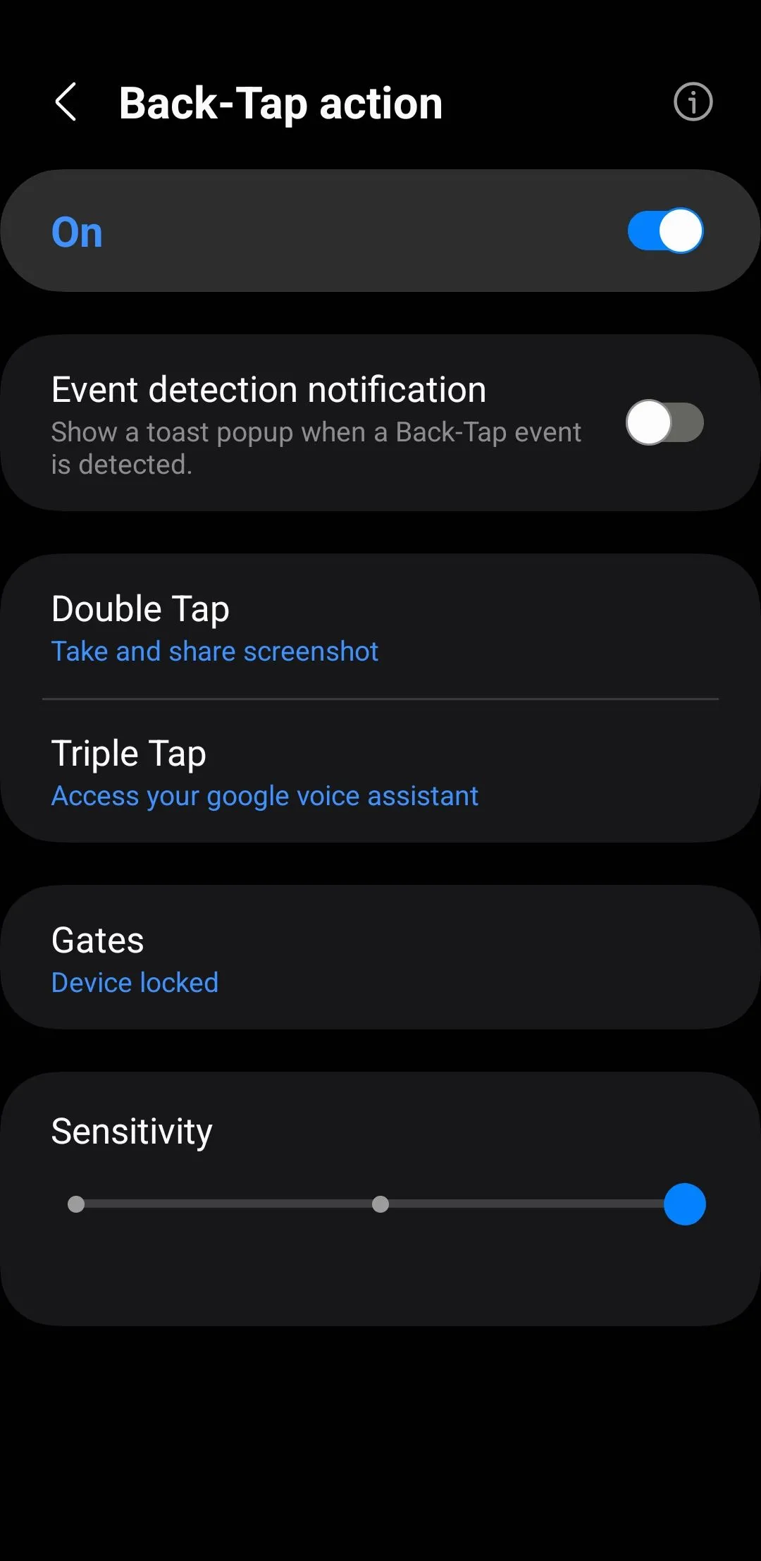 Menu cài đặt cử chỉ chạm mặt lưng trên điện thoại Samsung Galaxy với RegiStar