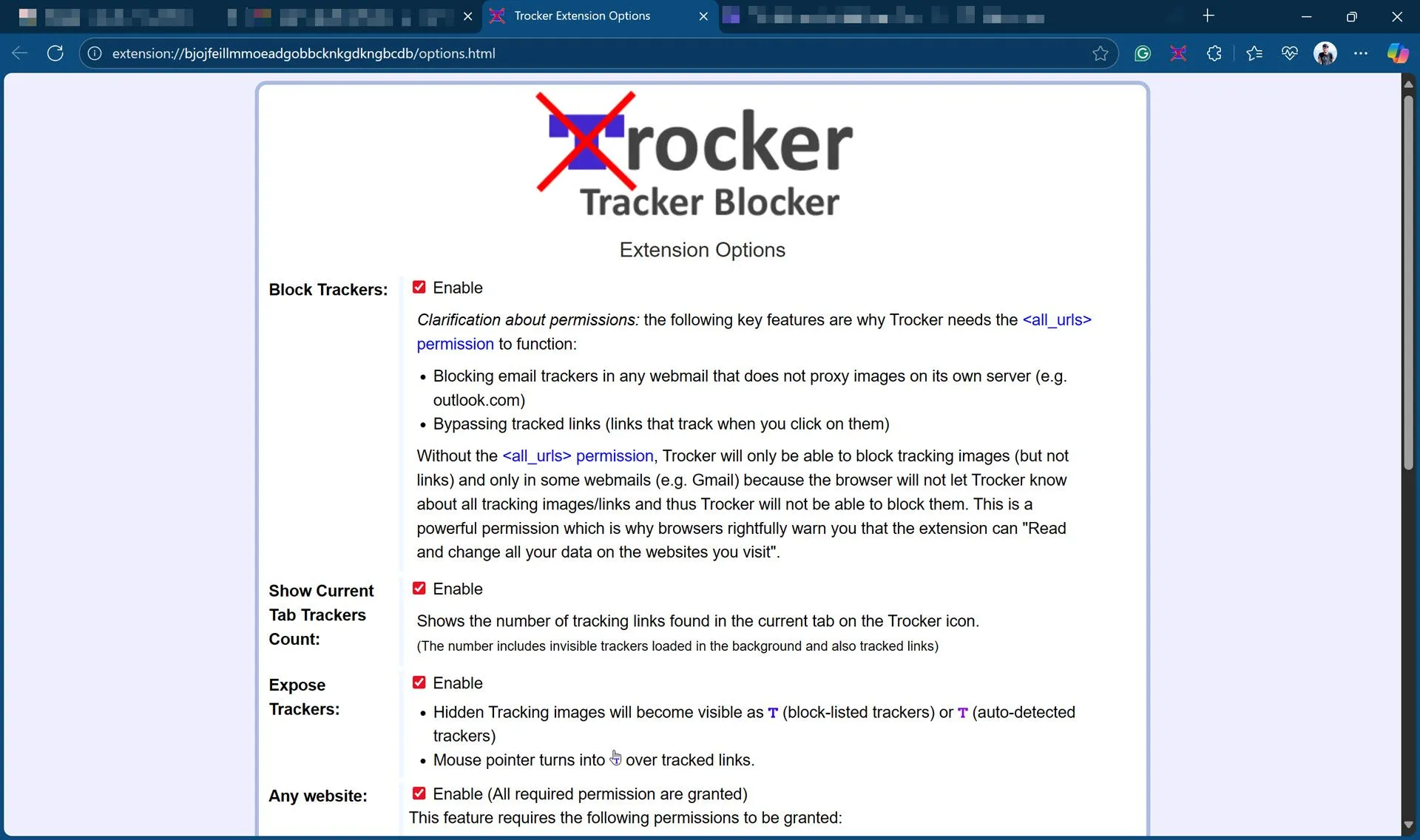 Menu cài đặt của tiện ích Trocker cho phép tùy chỉnh các tùy chọn chặn và hiển thị tracker email.
