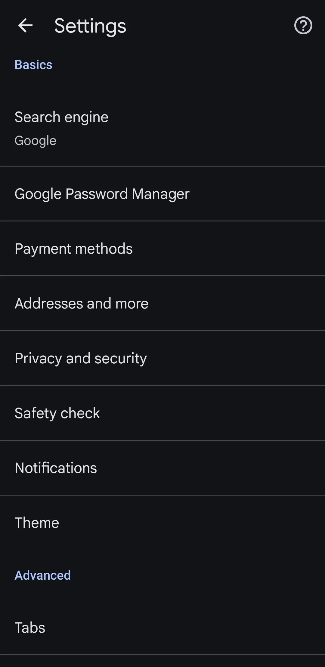 Menu Cài đặt của trình duyệt Google Chrome trên thiết bị Android, hiển thị các tùy chọn tùy chỉnh