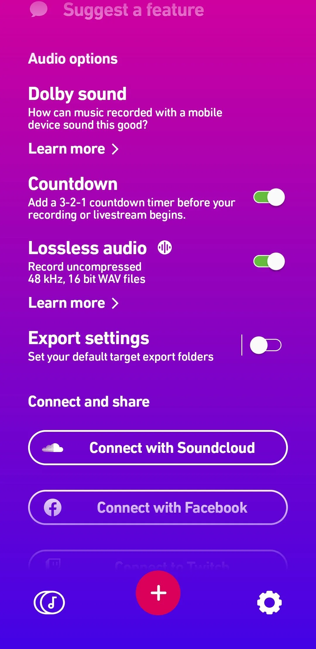 Menu cài đặt của ứng dụng Dolby On hiển thị tùy chọn &quot;Countdown&quot; để kích hoạt chức năng hẹn giờ ghi âm.